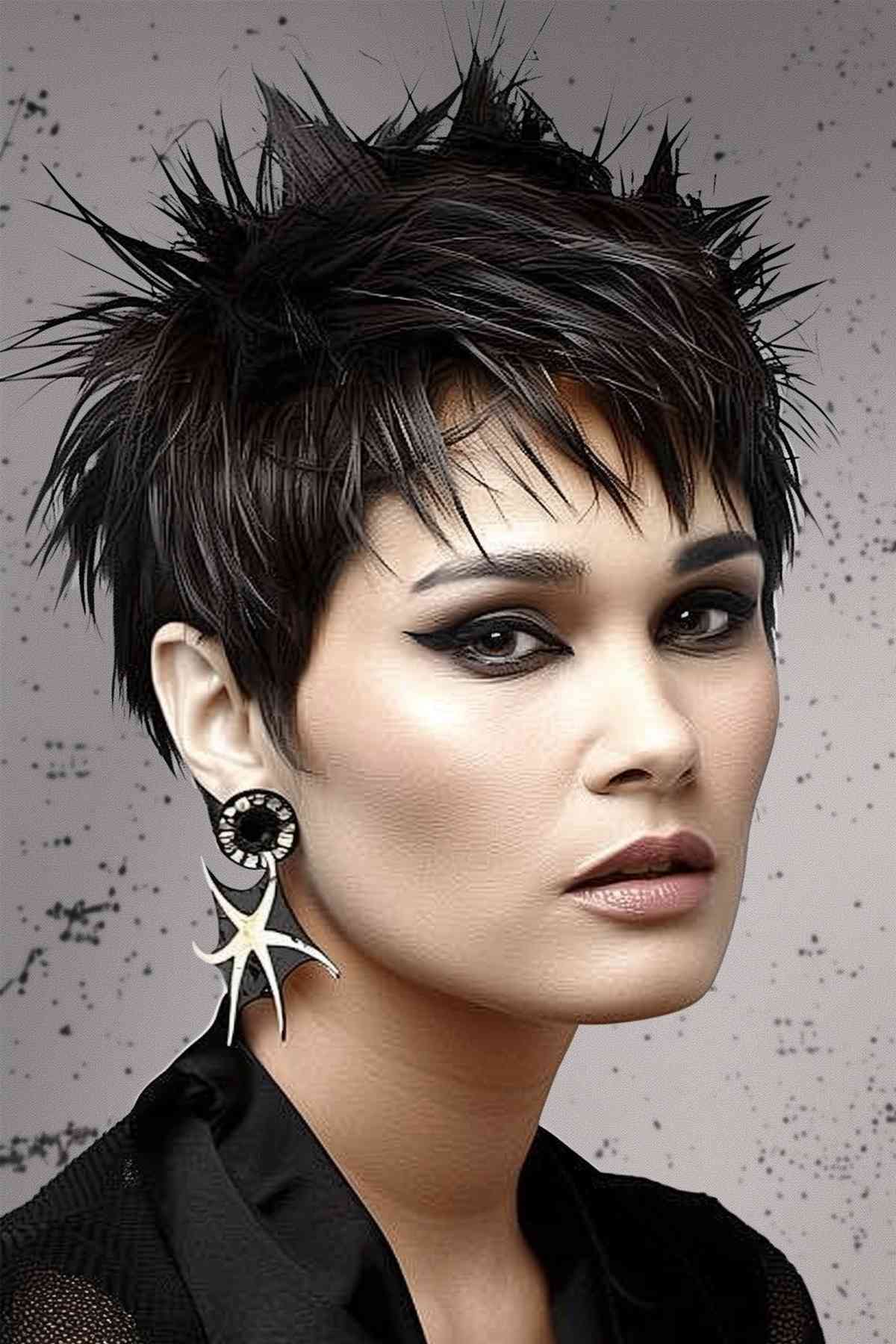 Short and spiky punk pixie cut in a natural dark color, providing a low-maintenance, textured style ideal for adding volume.