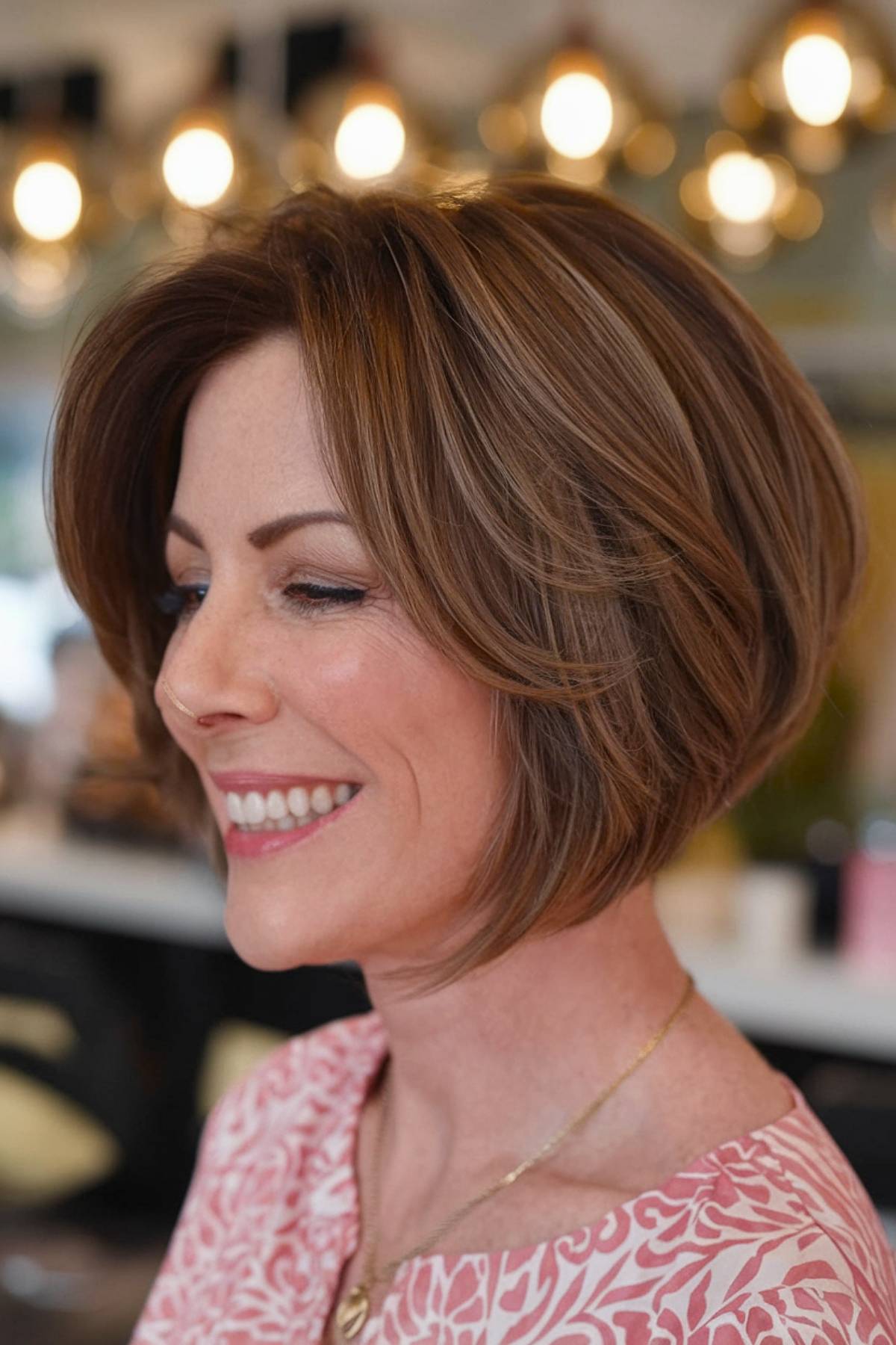 A chic short stacked angled bob with precise layers for added volume and structure, perfect for fine to medium hair