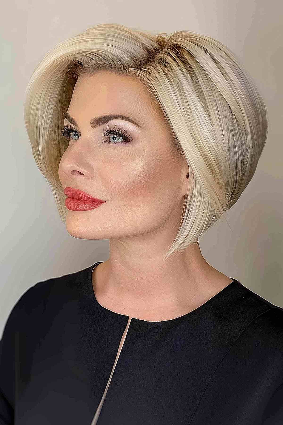 Short stacked bob with a side part for a square face shape.