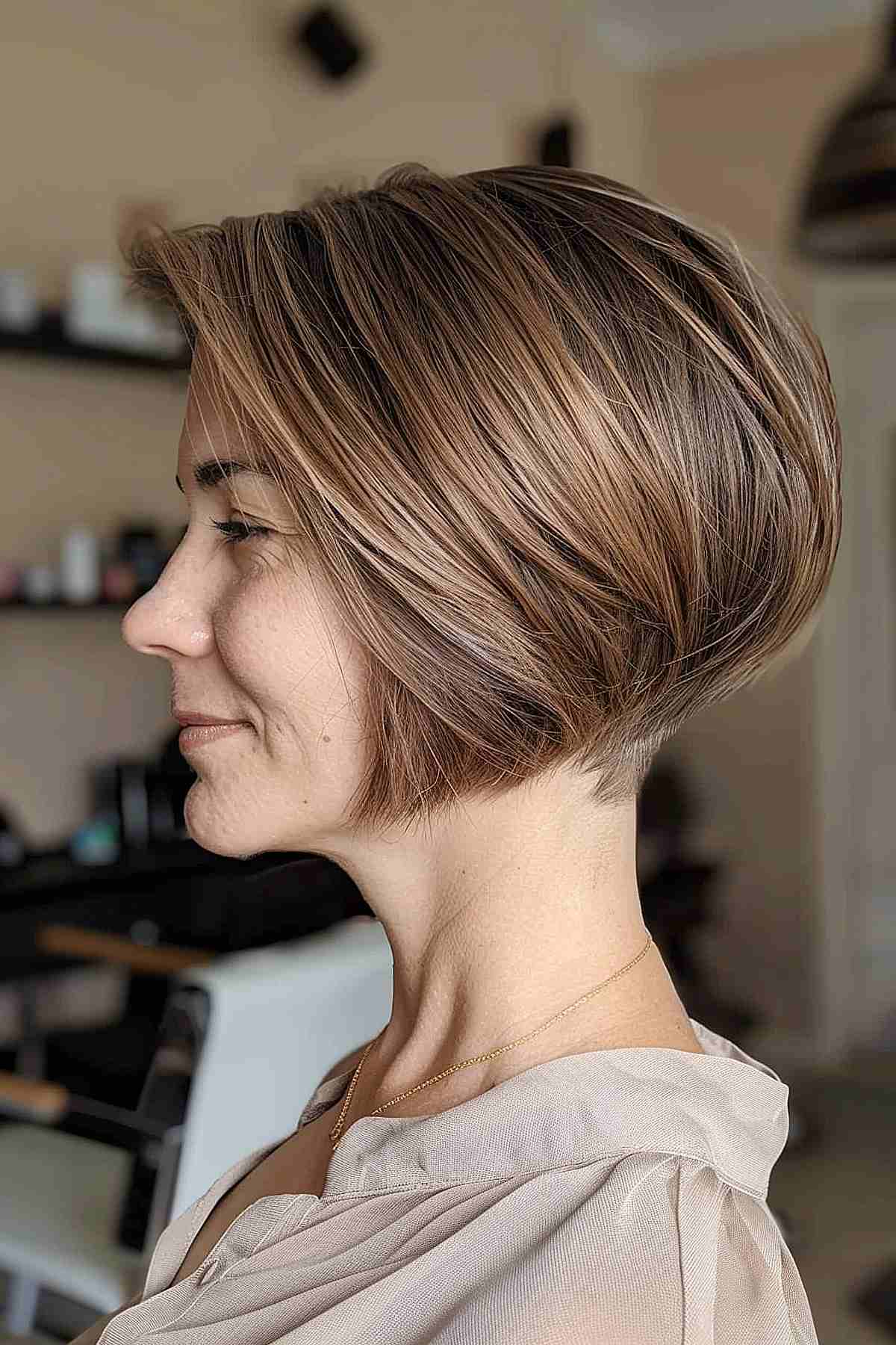Short stacked bob haircut with graduated layers for fine to medium hair