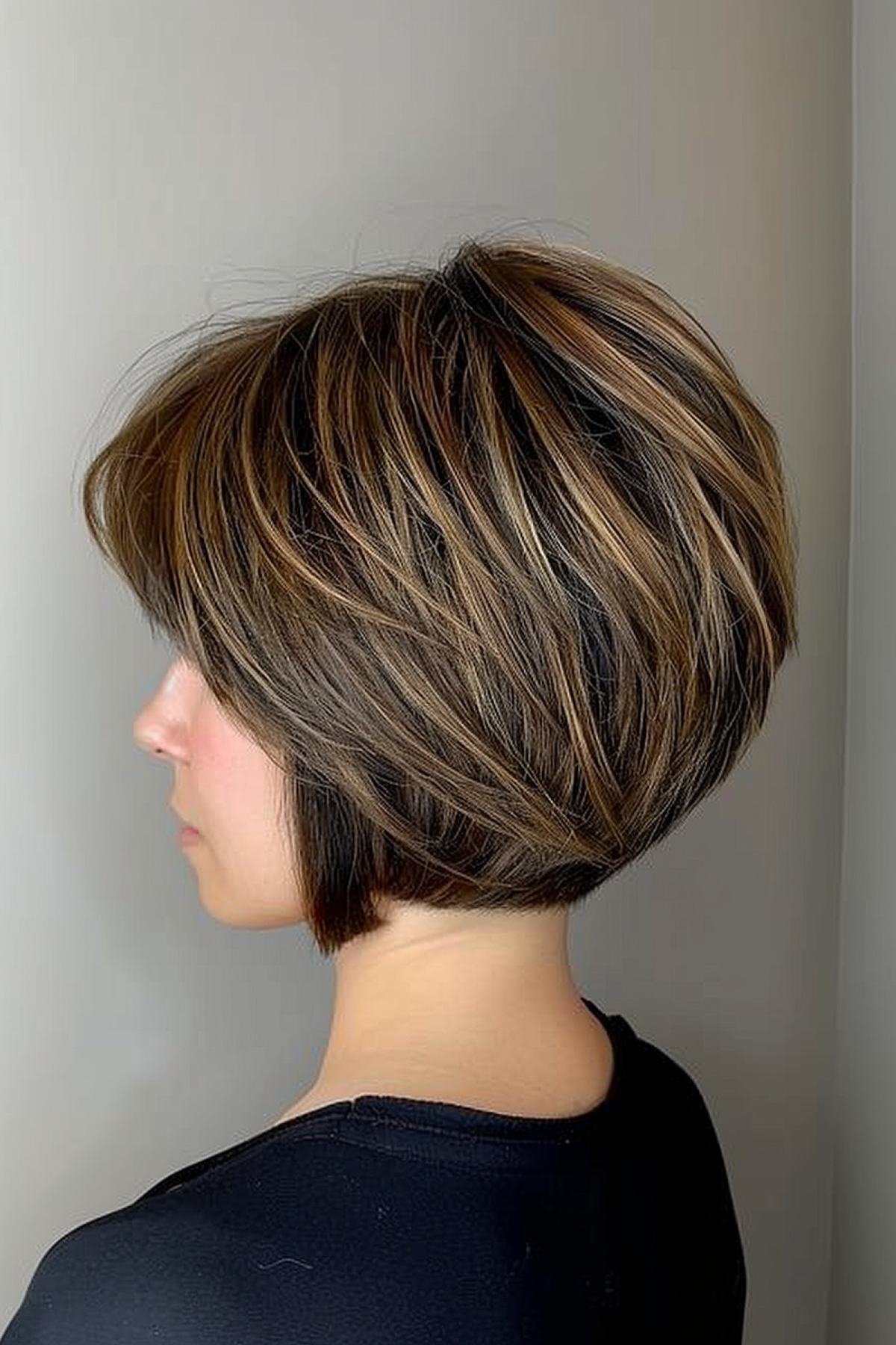 Short stacked bob haircut with precision tapering and face-framing layers