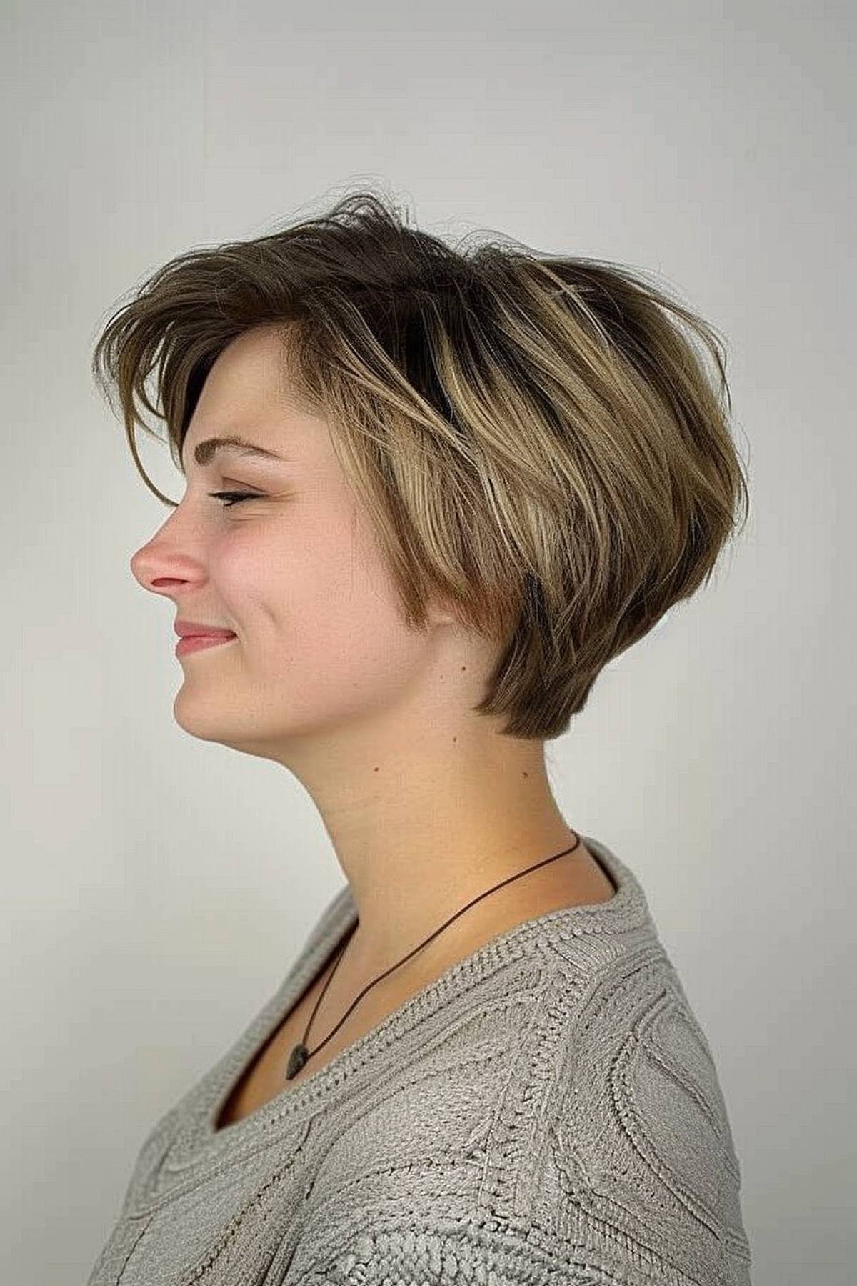 Profile of a woman transitioning from a short stacked bob to pixie-like layers that add depth and volume.