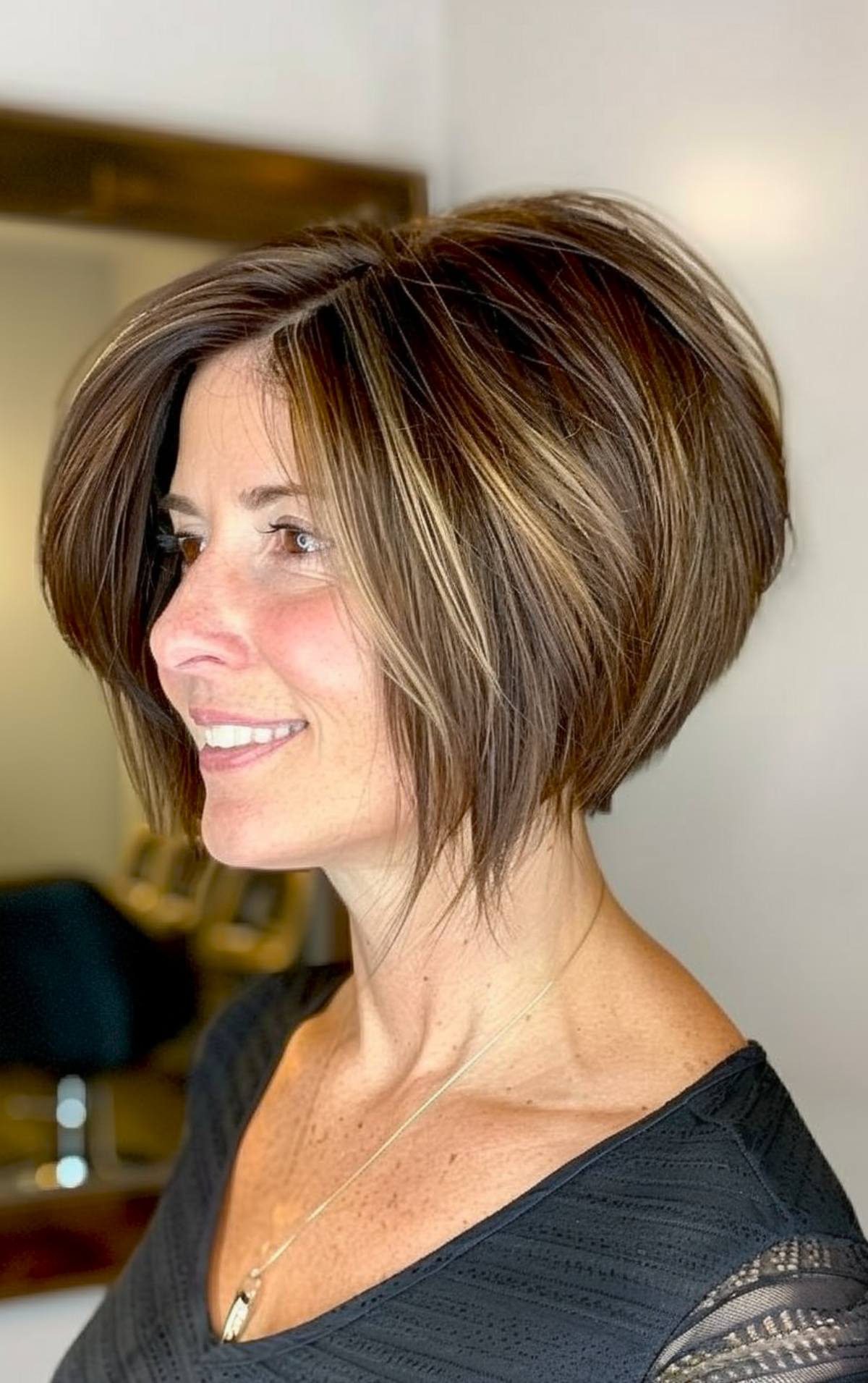 Short stacked bob with dramatic layers for added volume