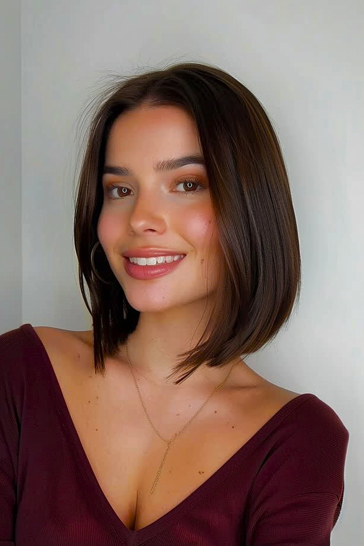 Short straight bob hairstyle with a sharp finish