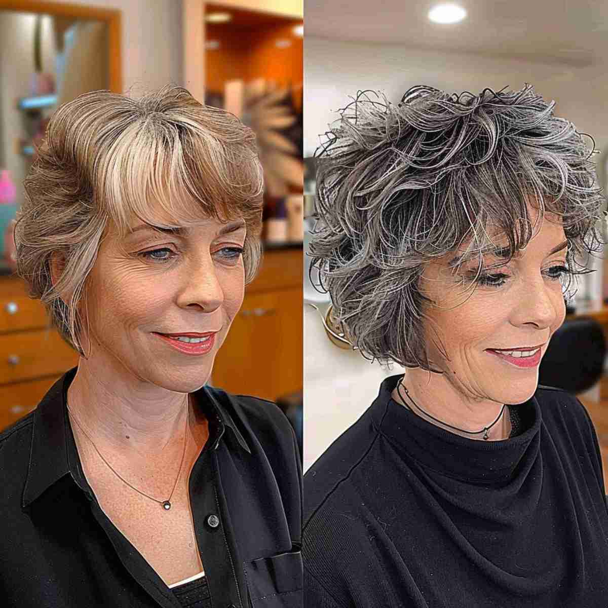Short Stunning Naturally-Colored Curls with Wispy Bangs and a silver transformation