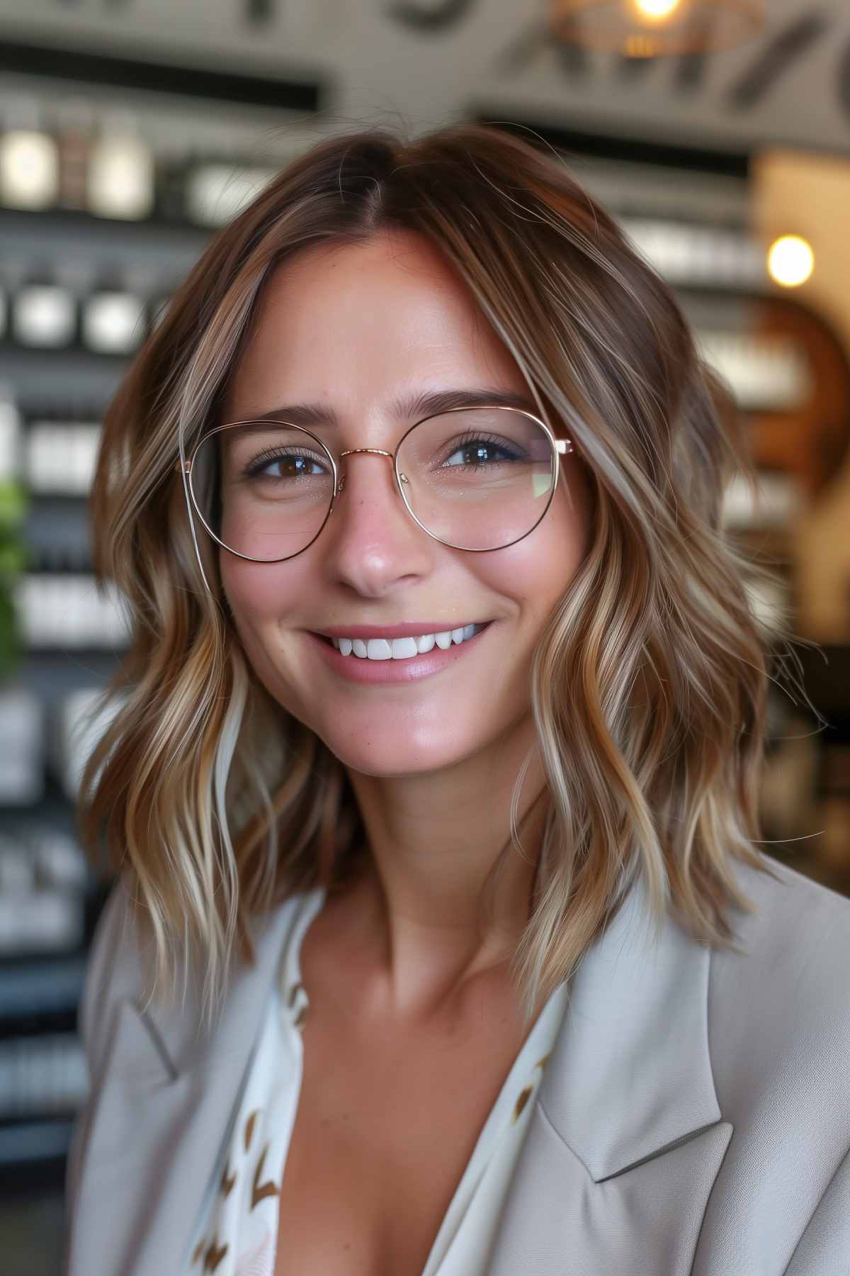 Wavy bob with soft highlights, ideal for women who wear glasses