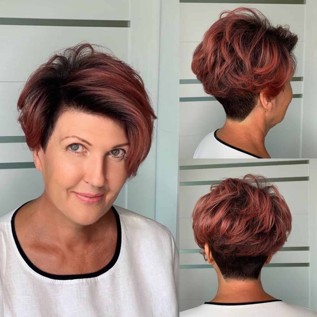 Short tapered bob for older women with wavy hair