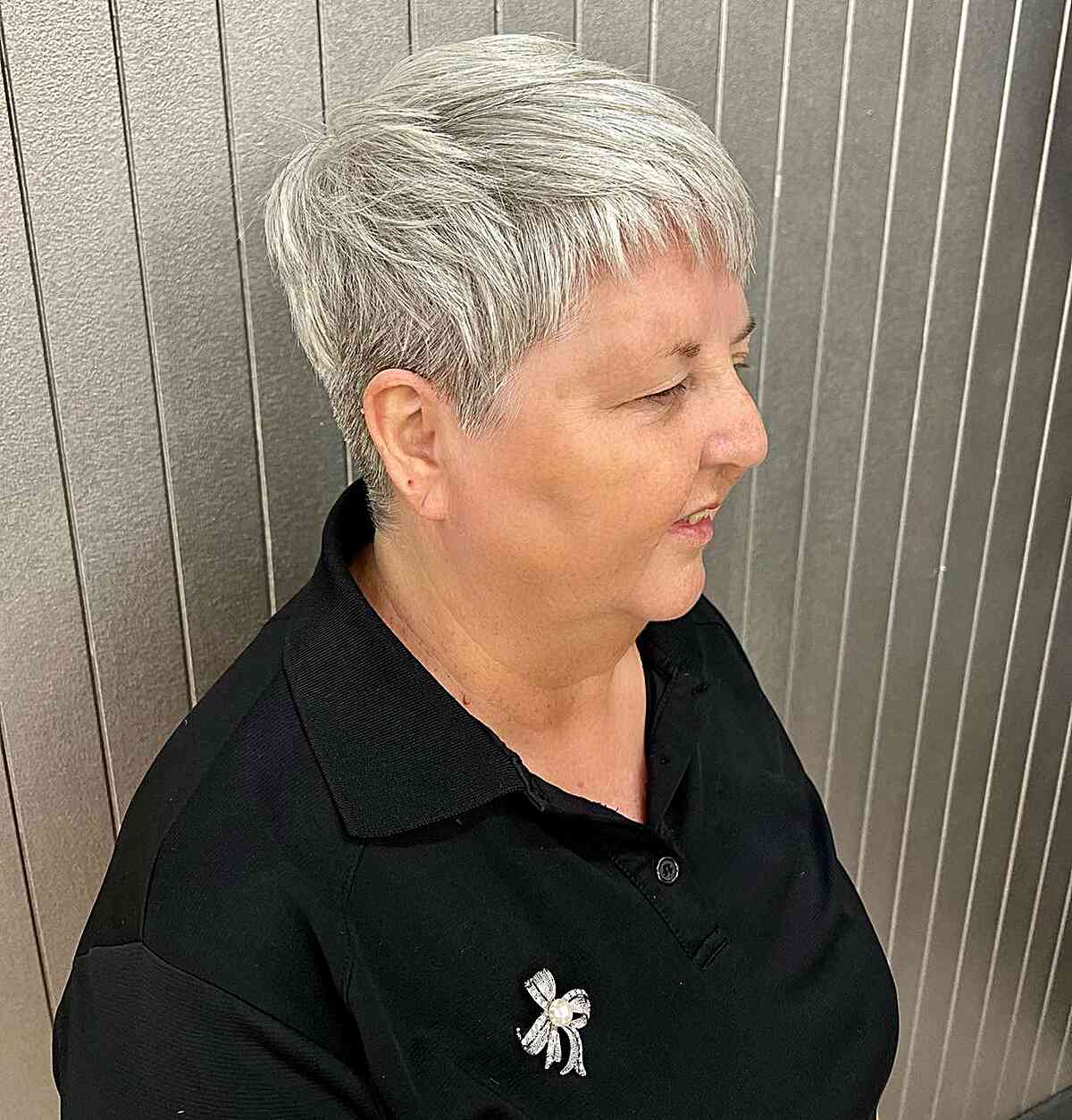 Short Tapered Feathered Pixie Hair with Choppy Bangs for Older Ladies Aged 60