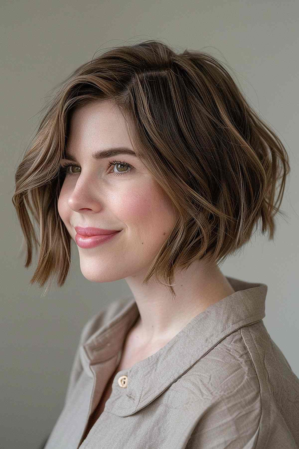 A short textured A-line cut with uneven layers and a tousled style that's perfect for a square face.