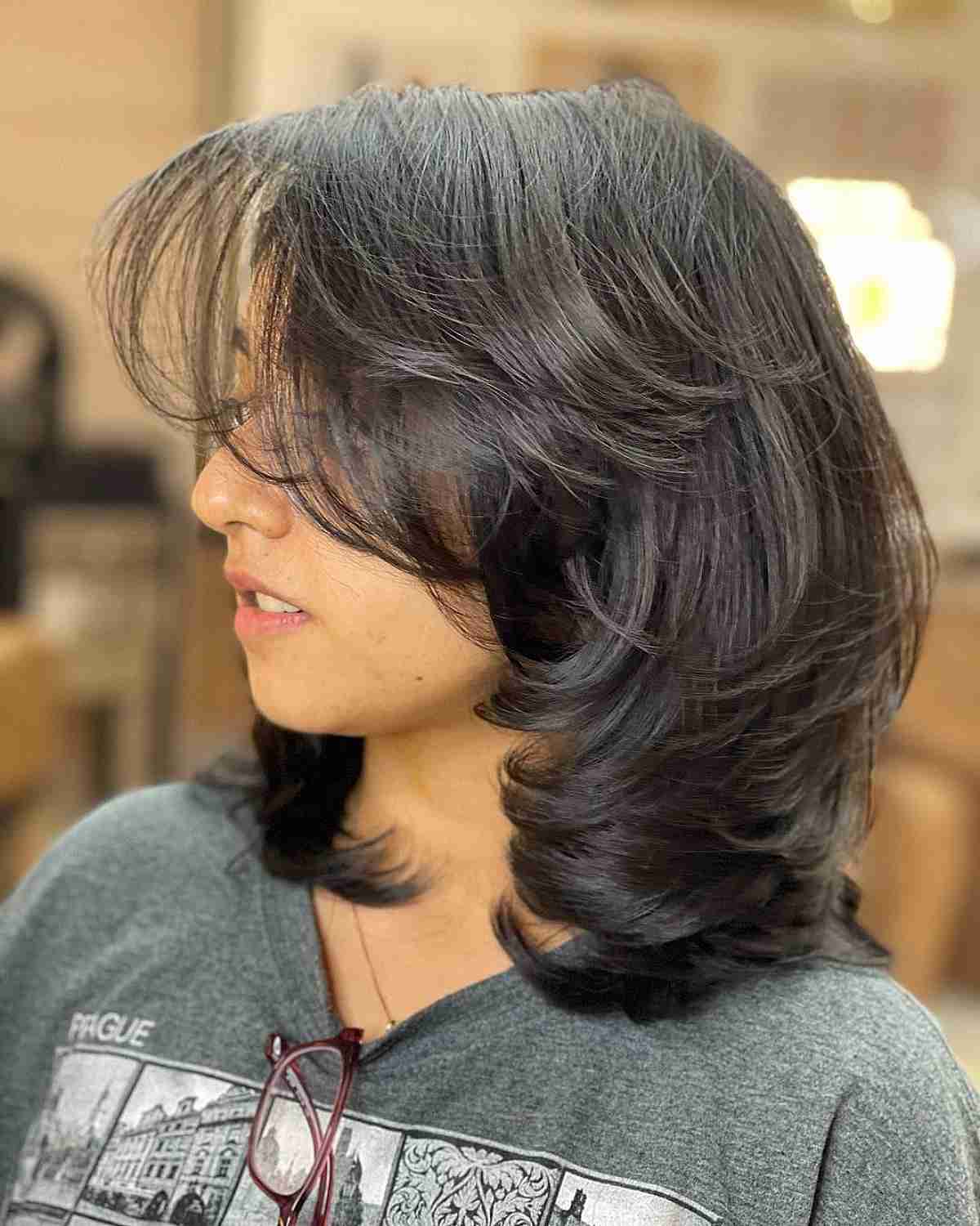 Cute Short Textured Lob with Layers and Wispy Bangs
