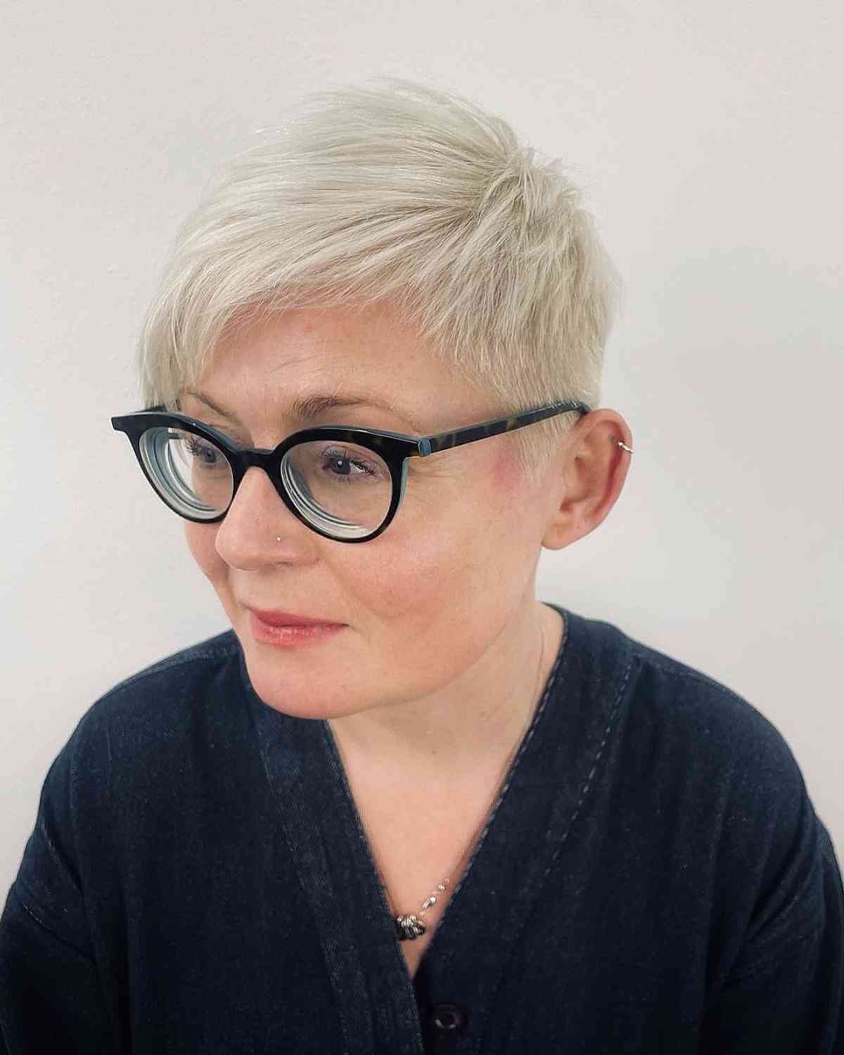 Short Textured Pixie With Long Side Bangs and Glasses
