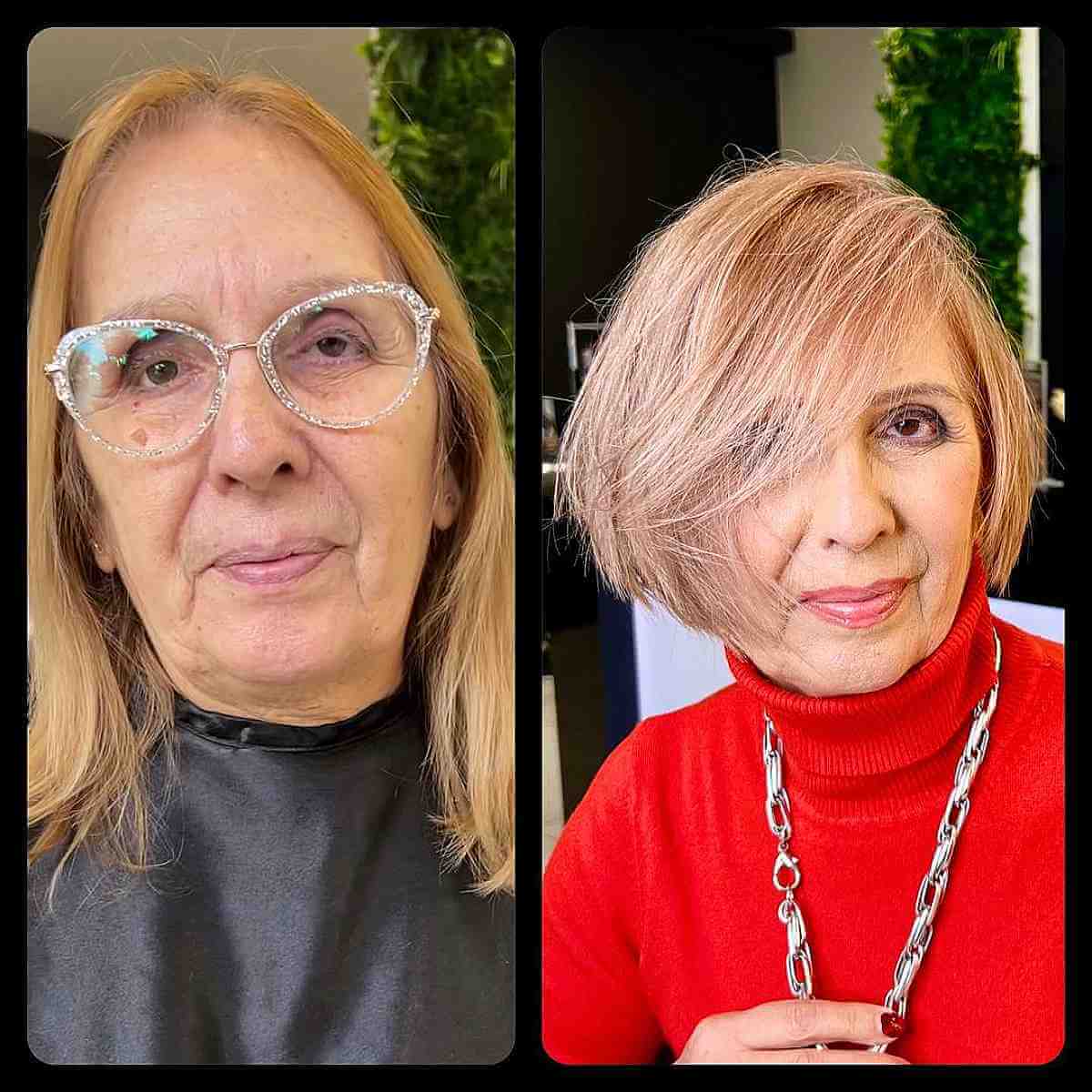 Short Tousled Bob with Long Side Bangs for 60-Year-Old Women