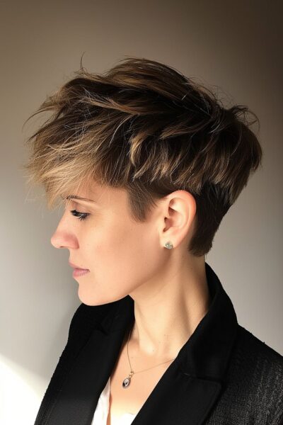 A Woman with a short tousled pixie thick haircut featuring an undercut and textured layers