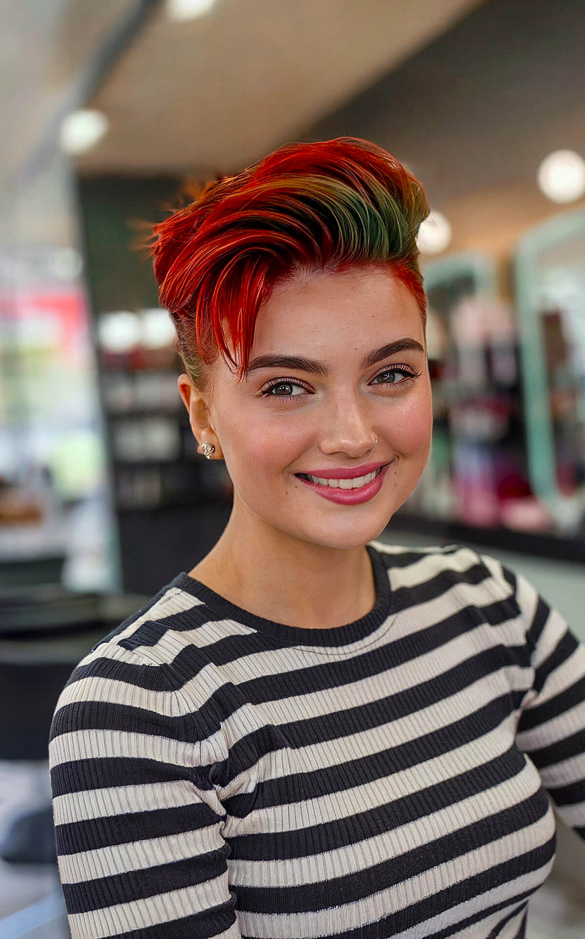 Christmas undercut hairstyle with red and green highlights for women