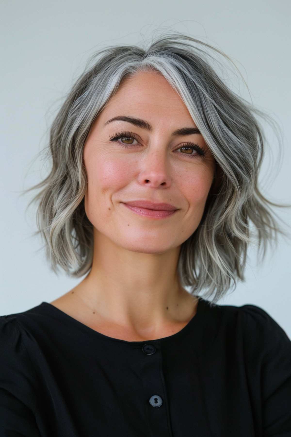 Short wavy bob with natural grey highlights