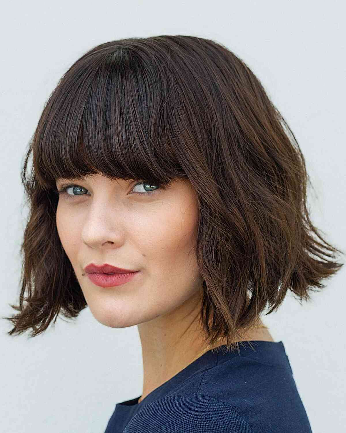 Short Wavy Brown Lob with Full Bangs for Thick Hair Types
