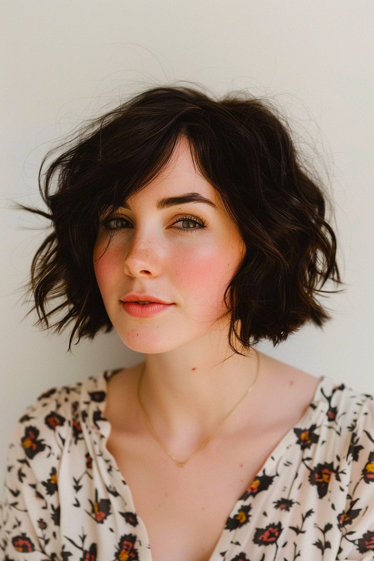 Chin-length short wavy hairstyle with tousled layers