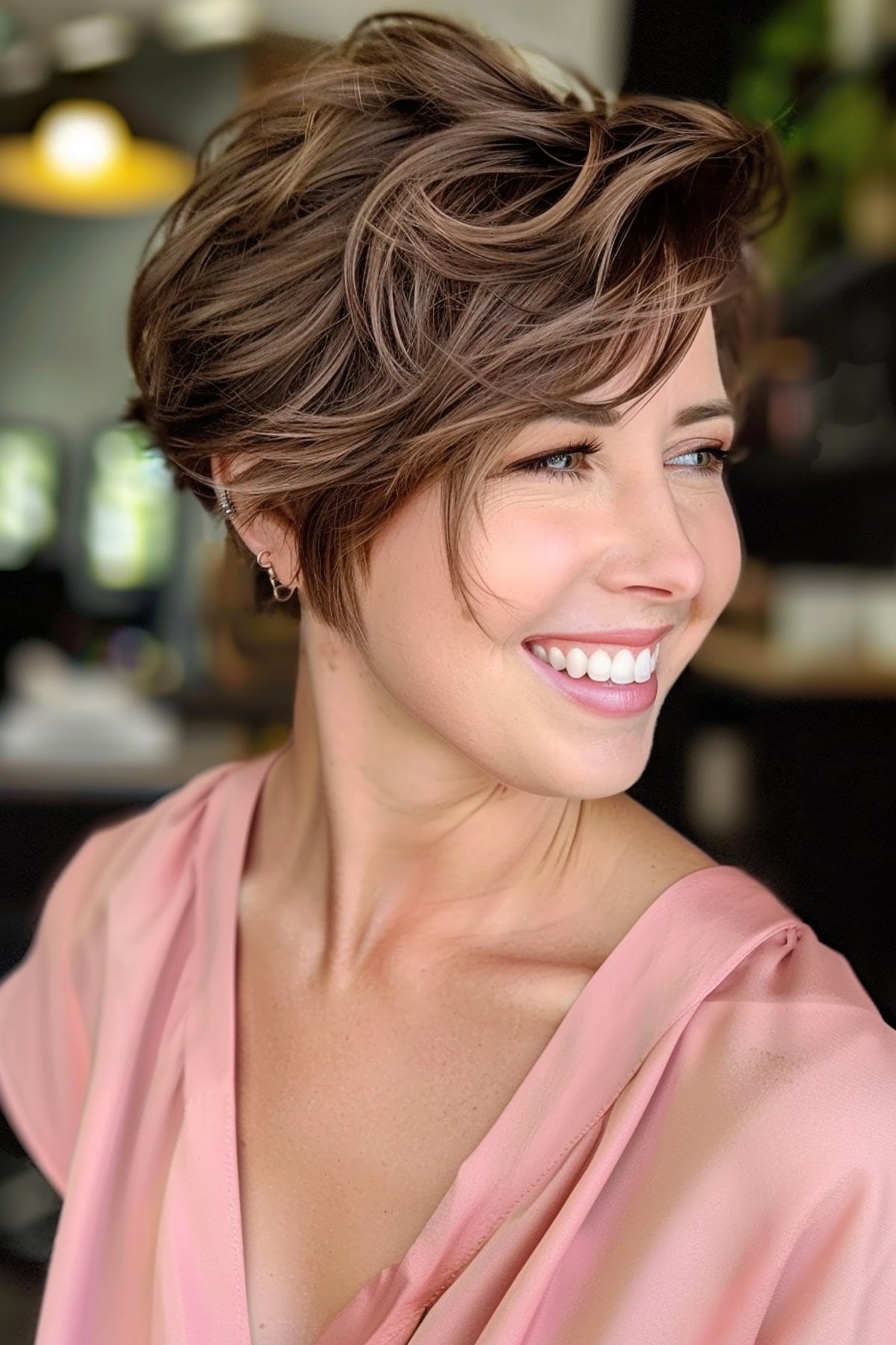 Brown tousled wavy pixie bob with undercut for a playful yet sophisticated look.