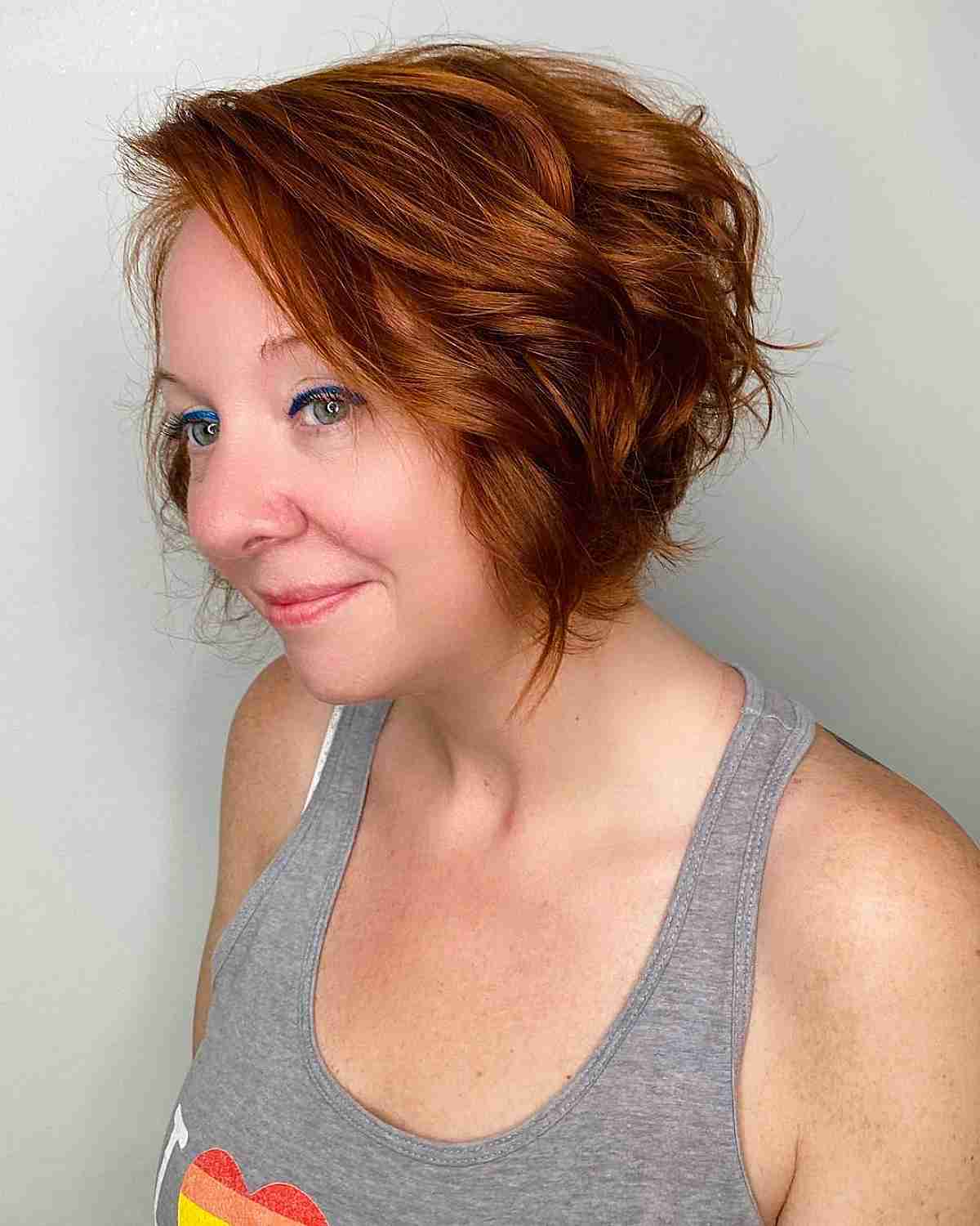 Short Wavy Stacked Bob on Copper 40-Year-Old Hair