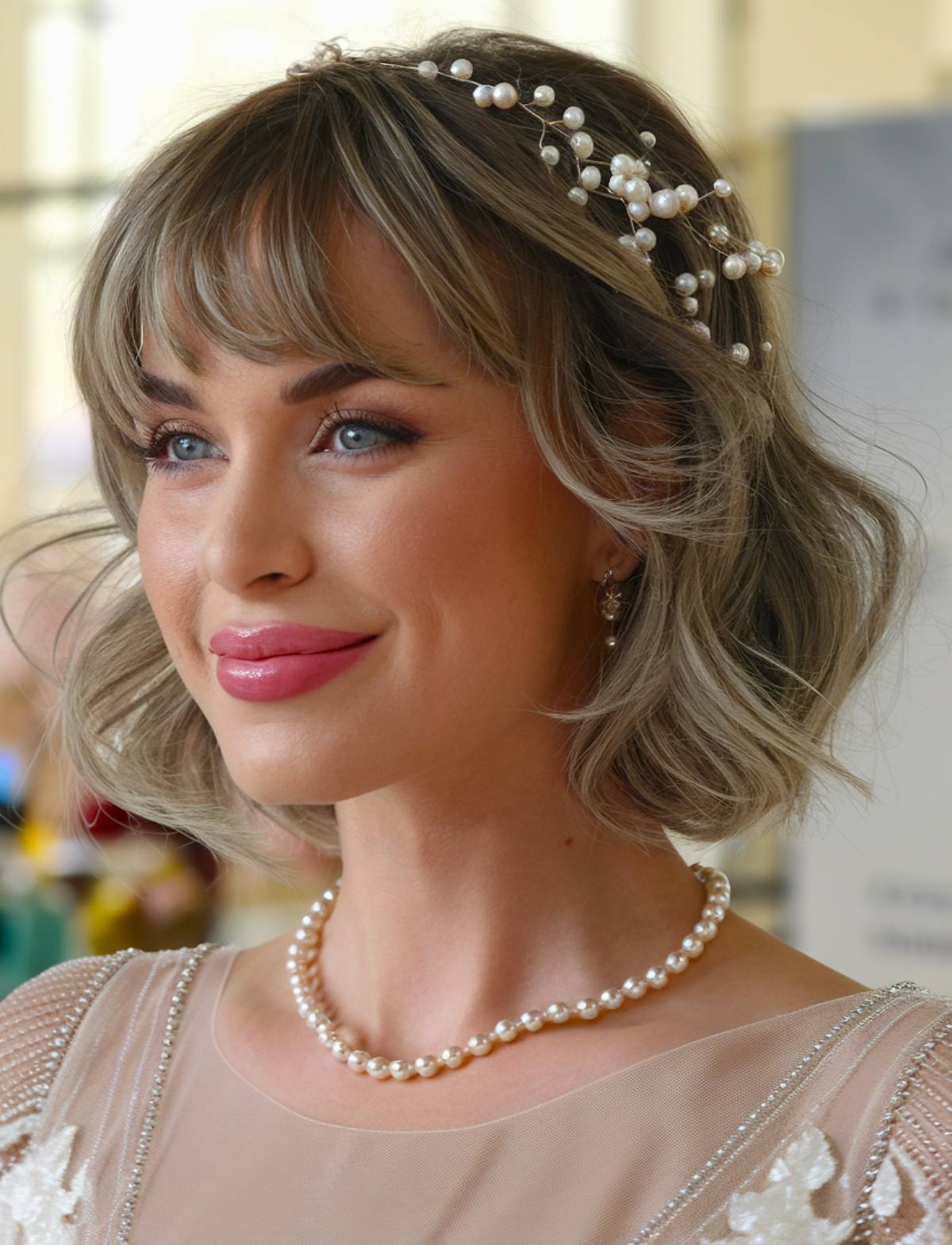 Short wedding hairstyle with waves, bangs, and pearl headband