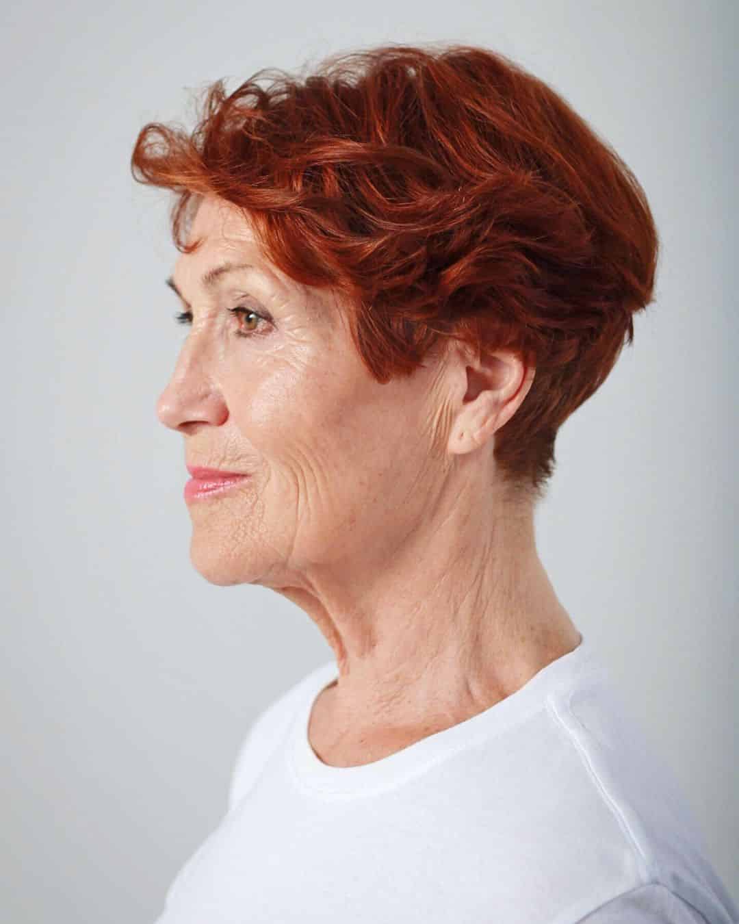 Bright short wedge haircut for women in their 70s
