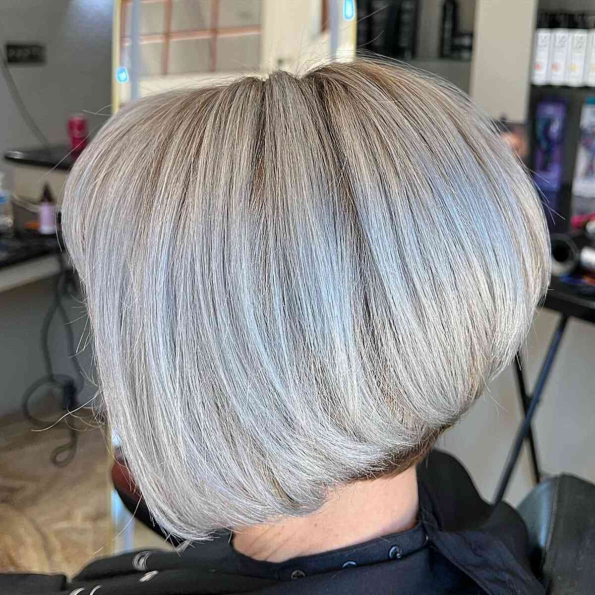 Short Wedge Cut with Silver Blonde Highlights for older ladies