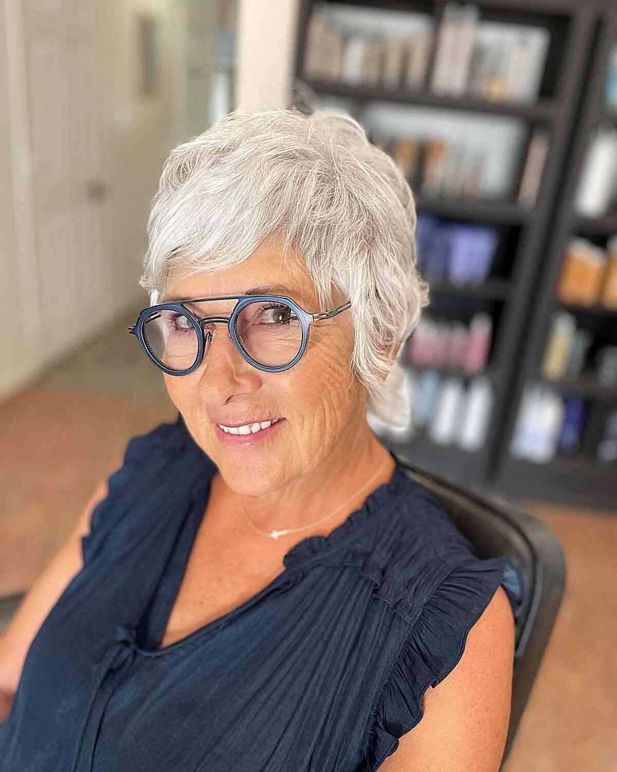 Short White Shag for Older Women Aged 60 with Glasses