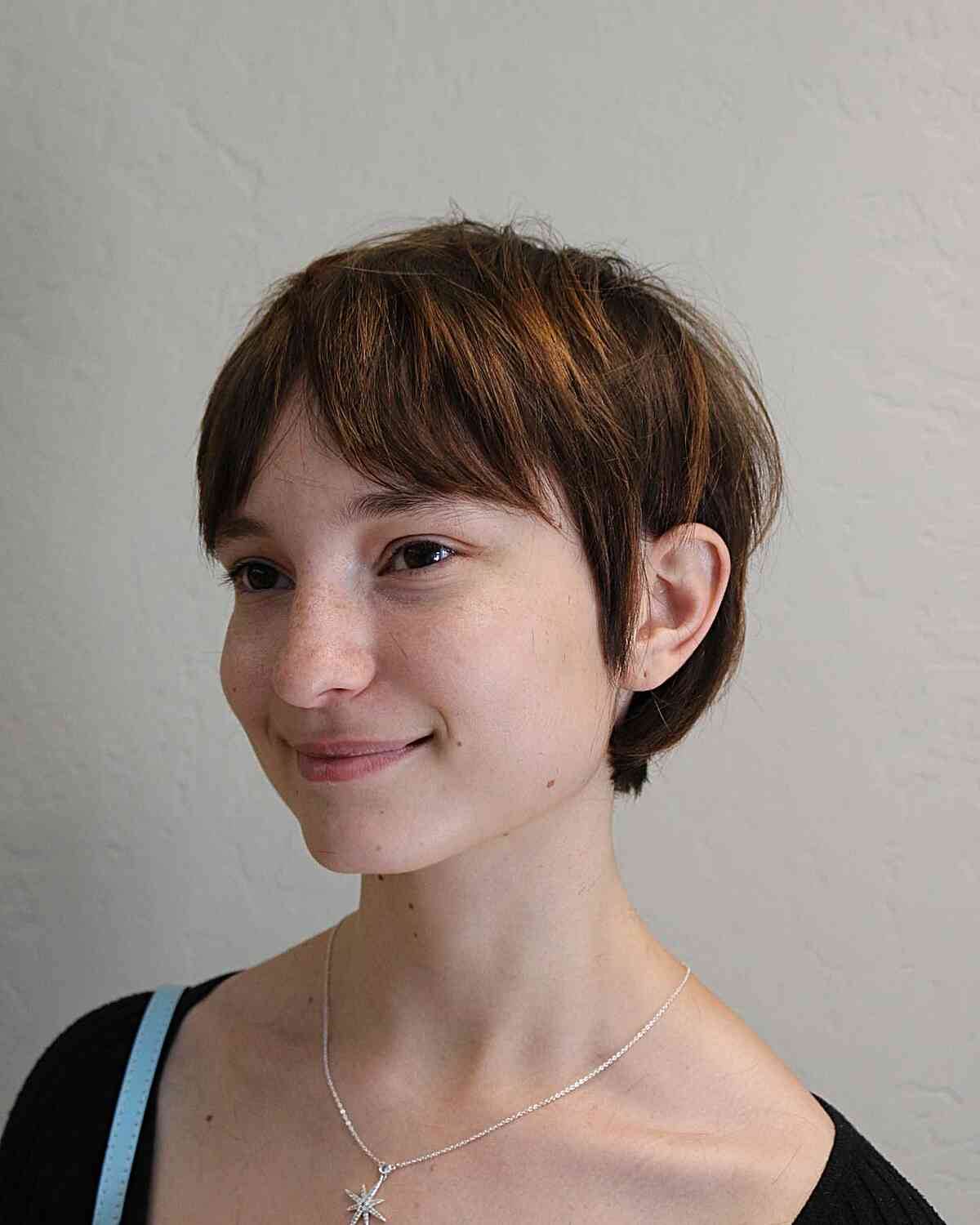 Short Winged Pixie Bob with Curtain Bangs for Diamond Face Shapes