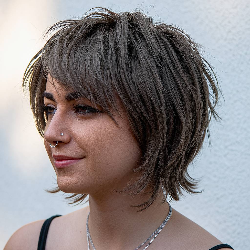 Short wolf cut with shaggy layers and piece-y bangs