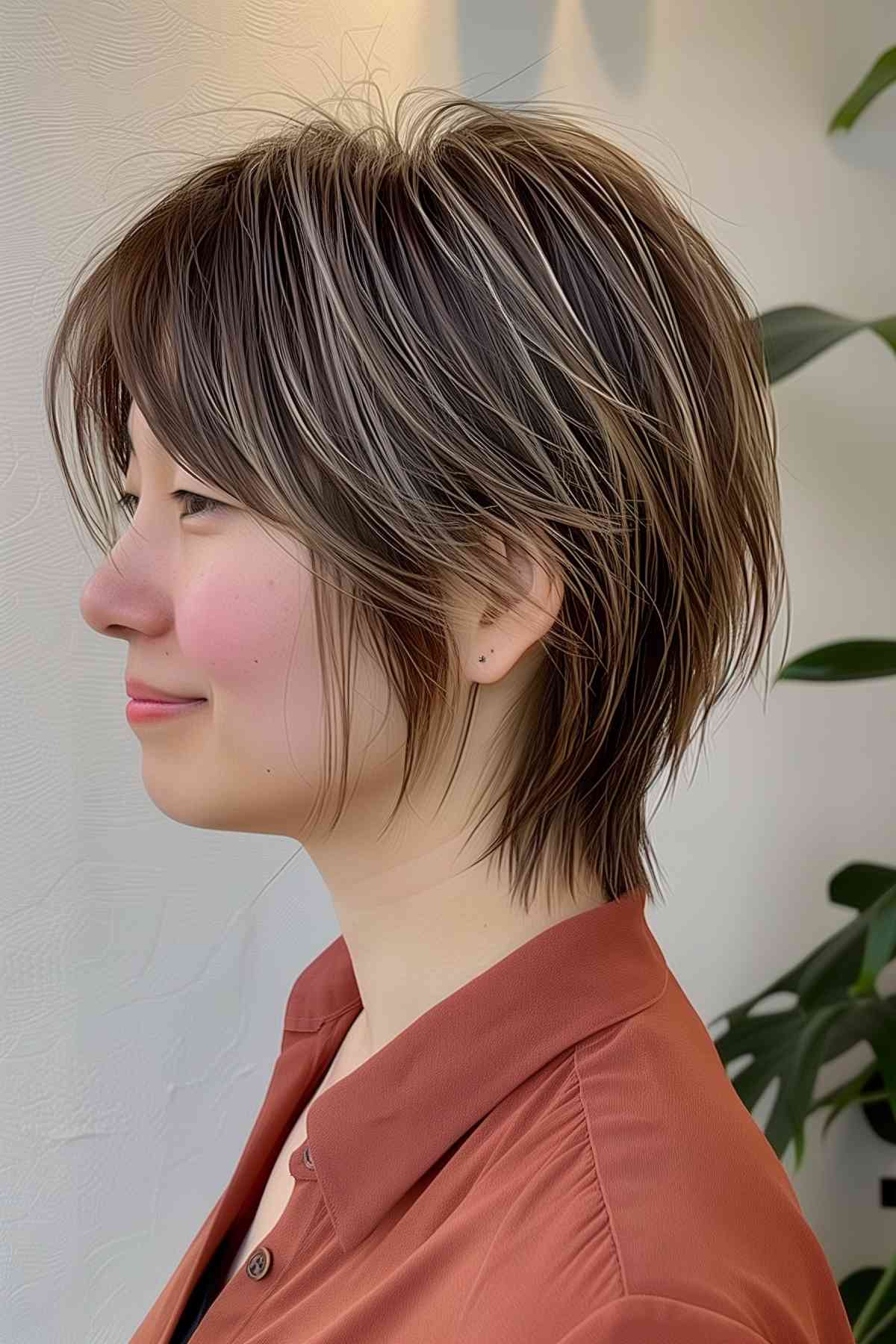 Side view of a woman with a short Wolf Cut in straight hair, showcasing blended layers and a natural brown color against a light background.