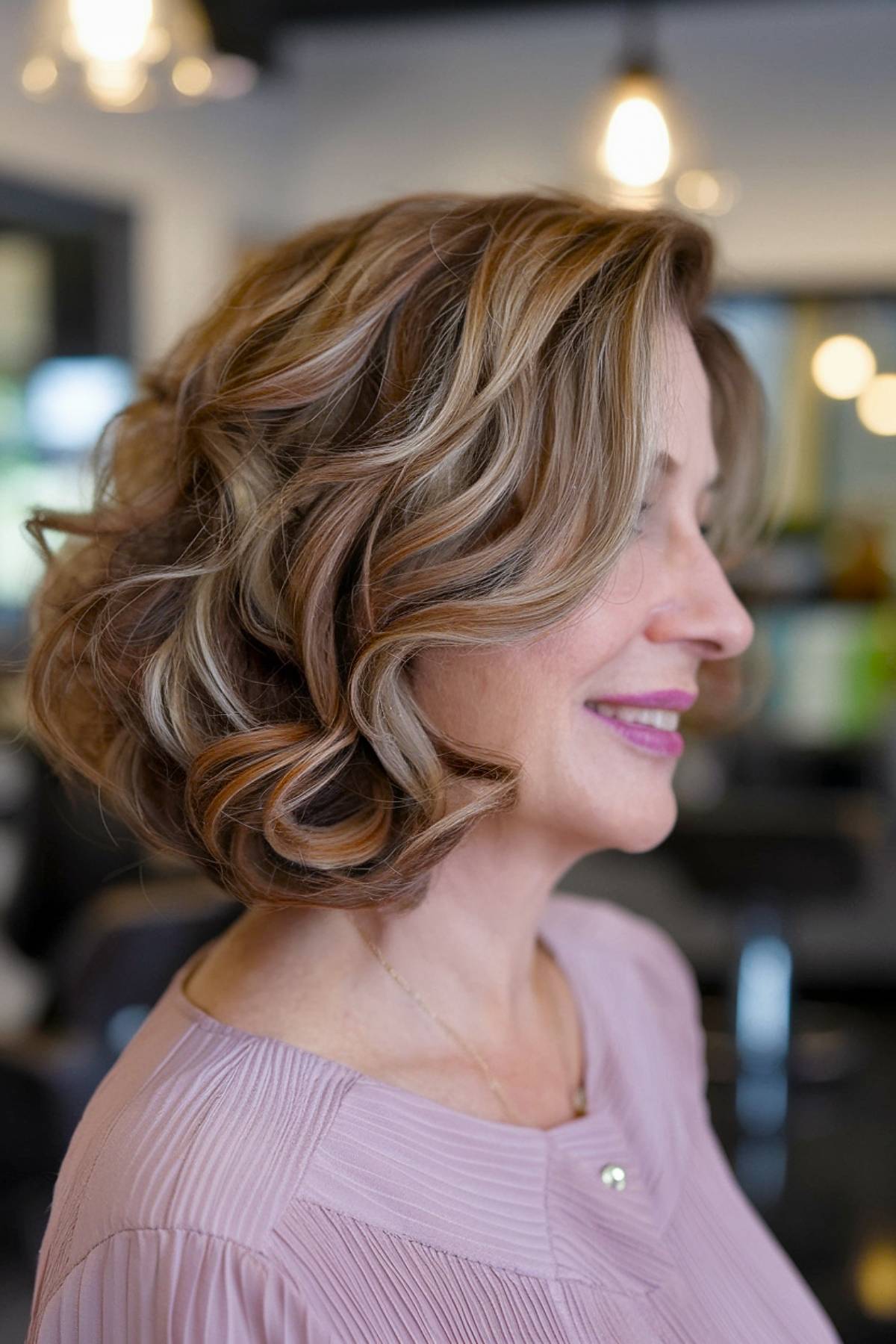 A soft and feminine shoulder-length angled bob with voluminous curls, perfect for adding movement and body