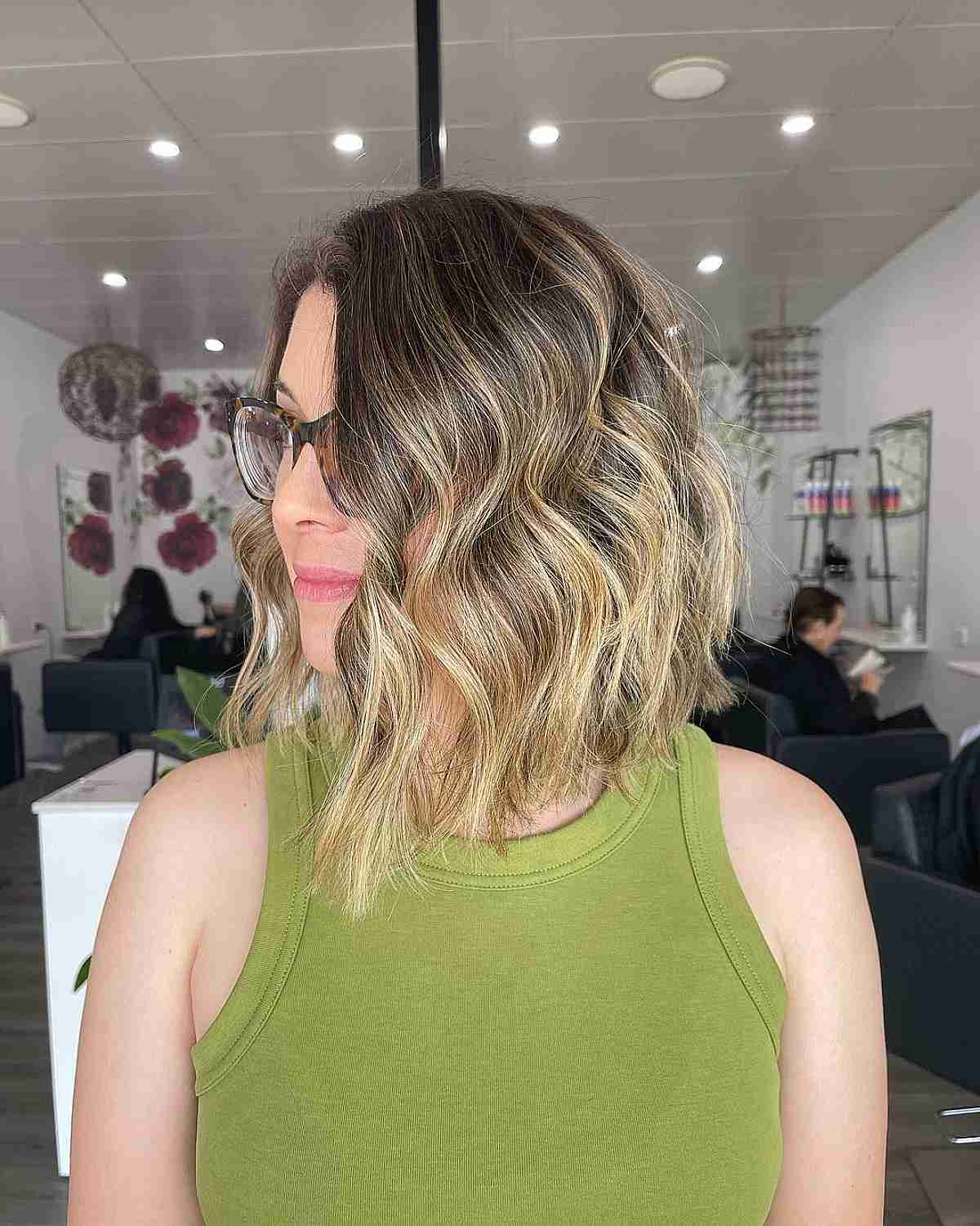 Shoulder-Length Balayage Concave Bob with Waves for Fine Hair