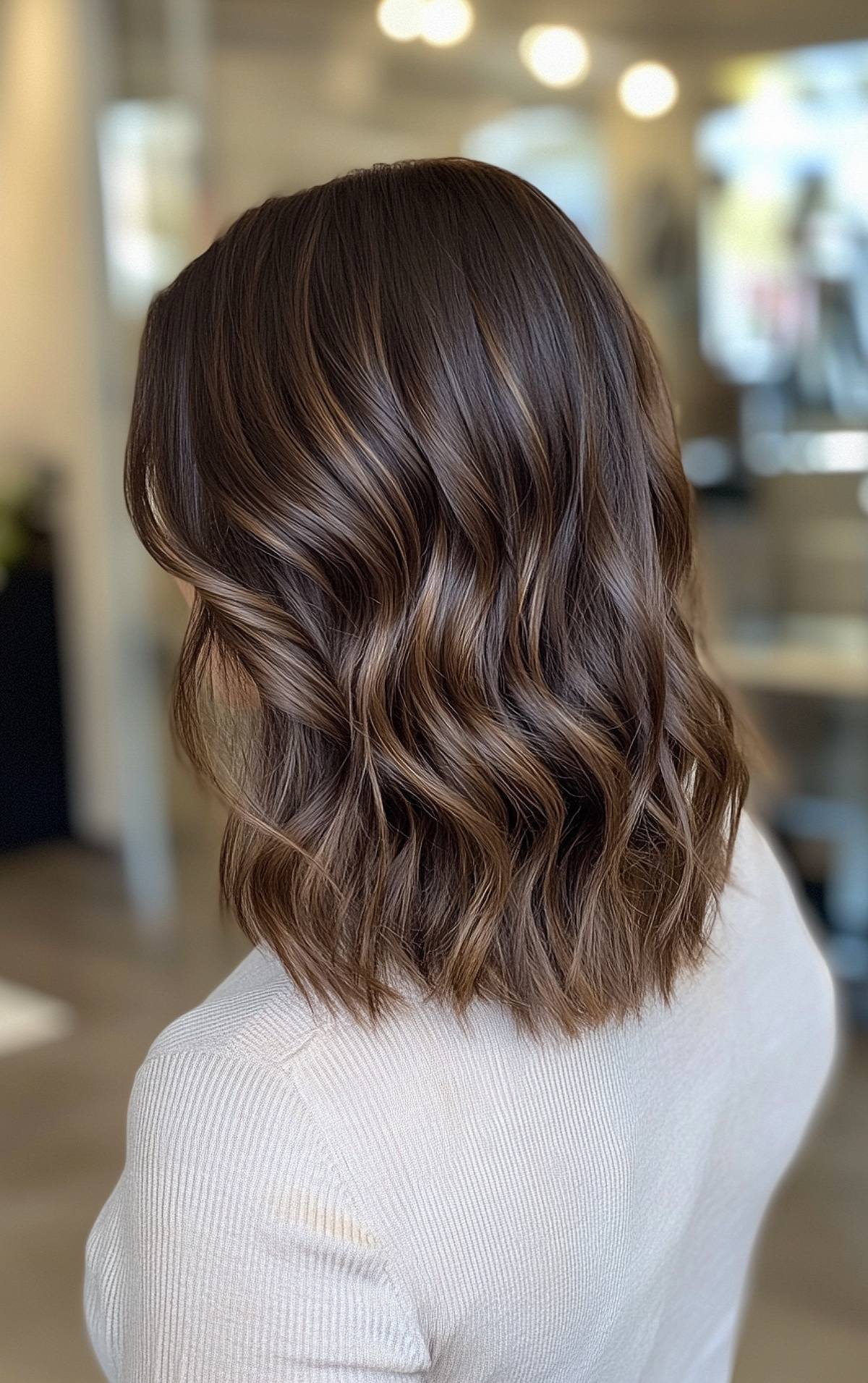 Shoulder-length wavy brown hair with subtle balayage highlights