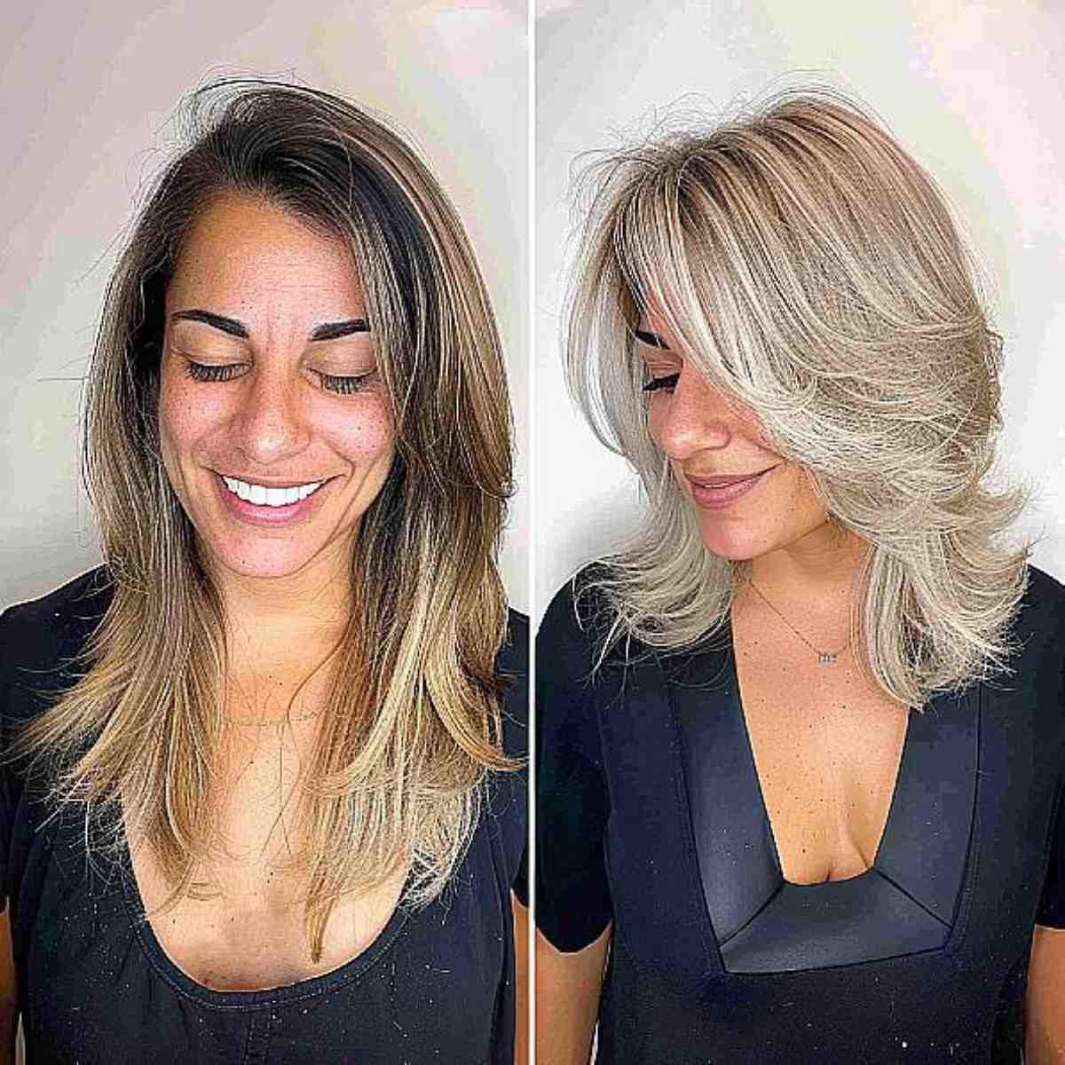 Shoulder-Length Blonde Side-Swept Layers and Bangs