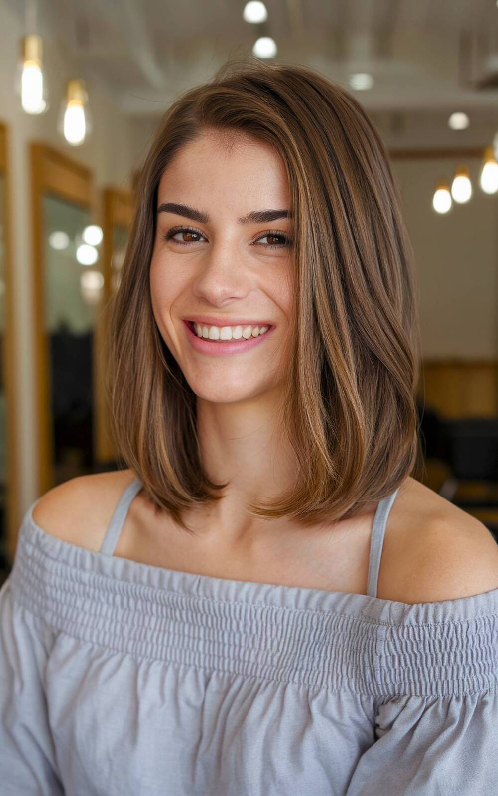 Classic shoulder-length bob with a sleek, blunt cut for a modern and polished finish