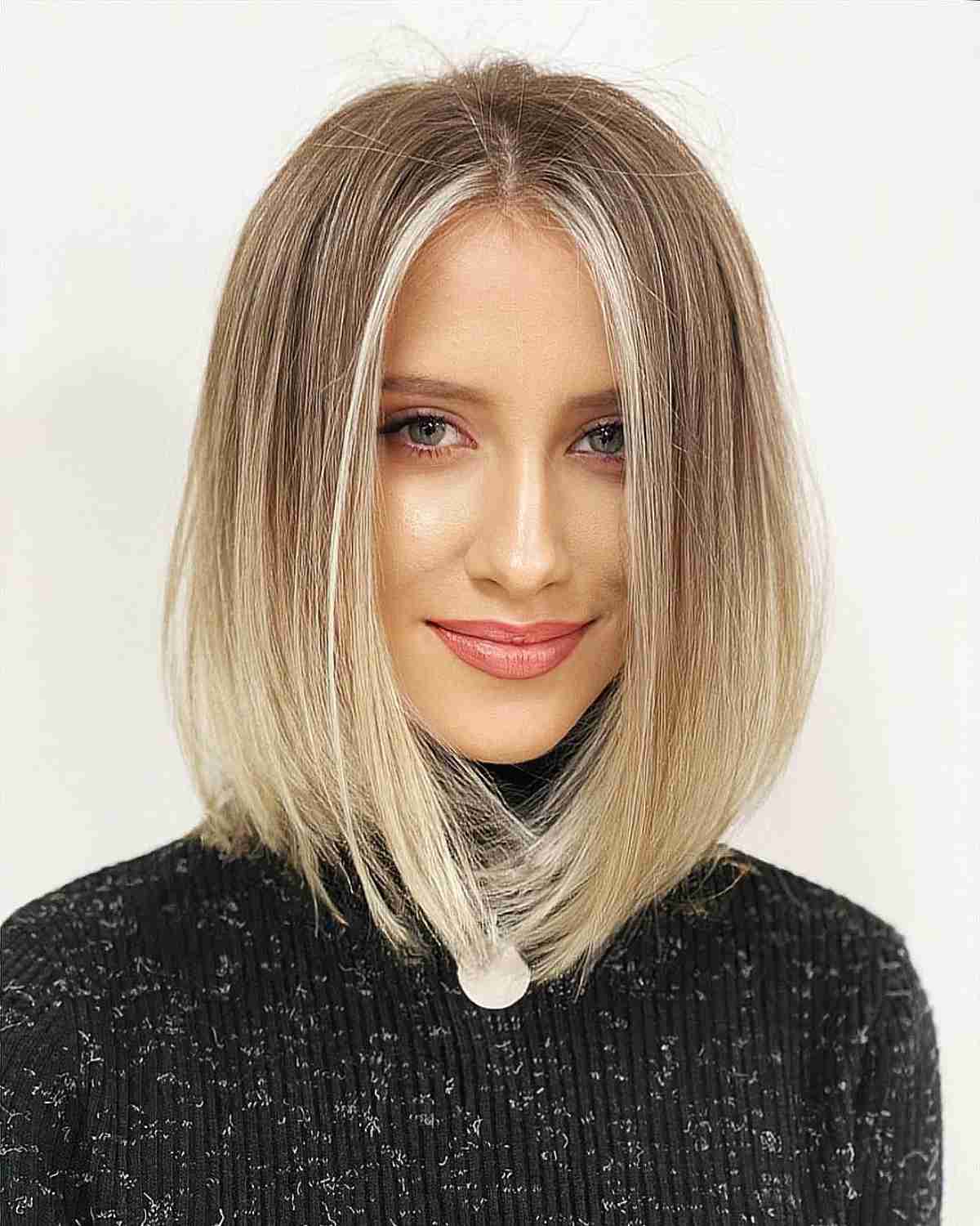 Shoulder-Length Brown to Blonde Lob with Money Pieces for Fine hair