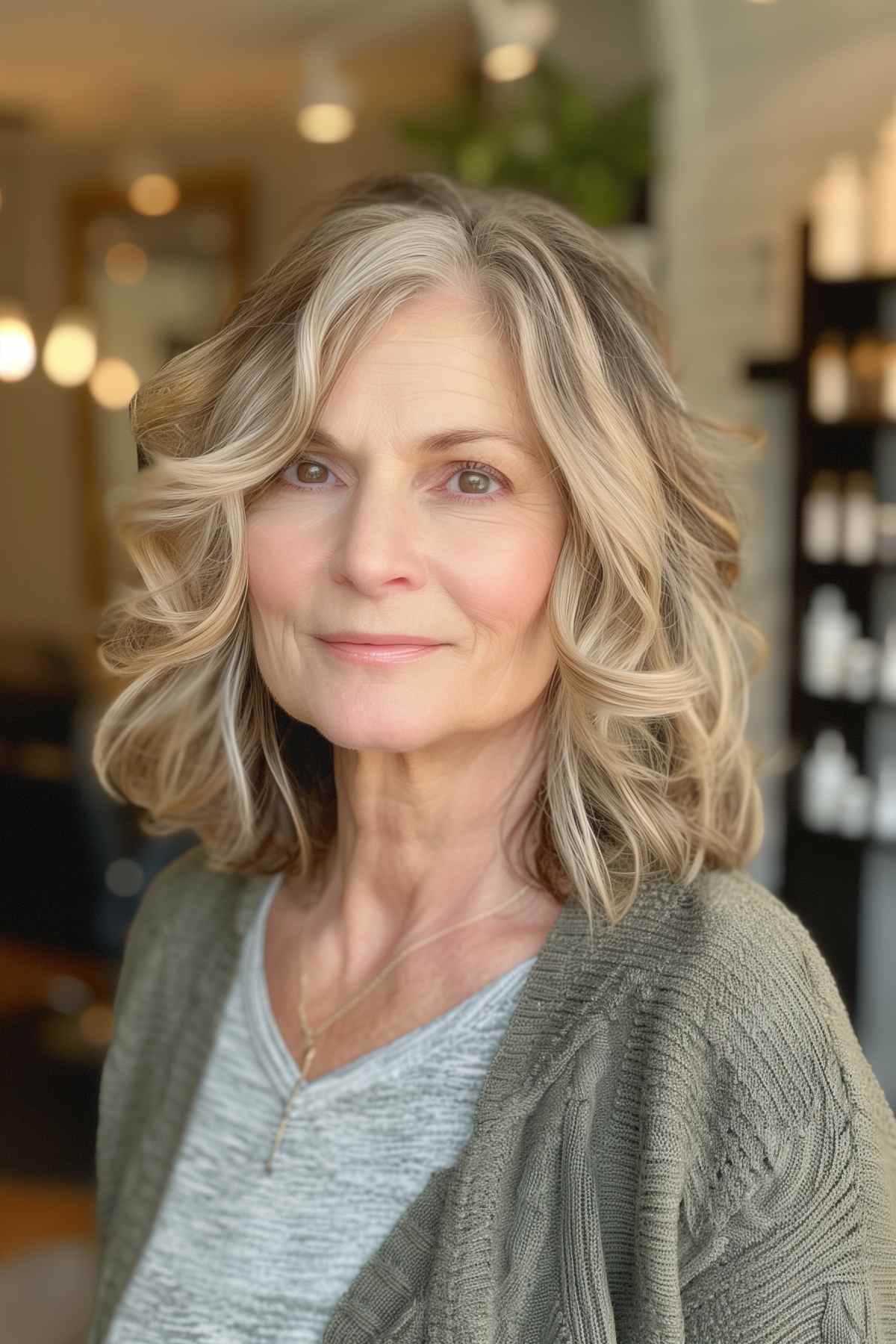 Shoulder-length choppy shag hairstyle with soft curls and subtle highlights for older women