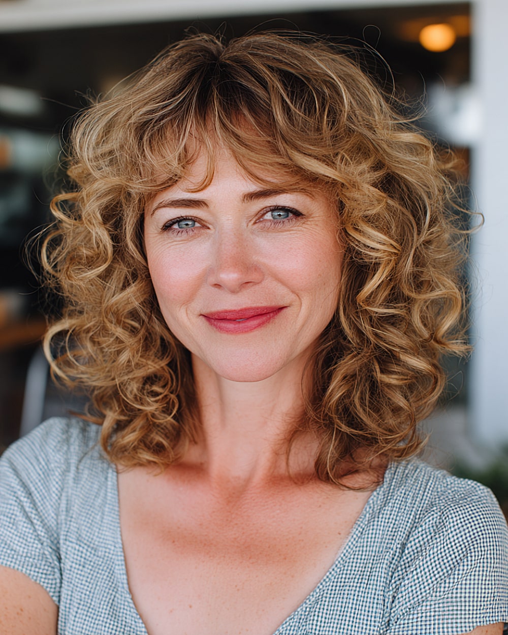 Shoulder length curly hairstyle with bangs and layered curls