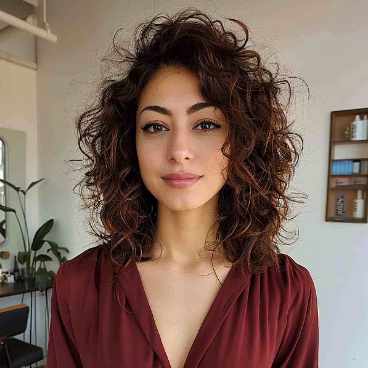 shoulder-length curly shag with no bangs