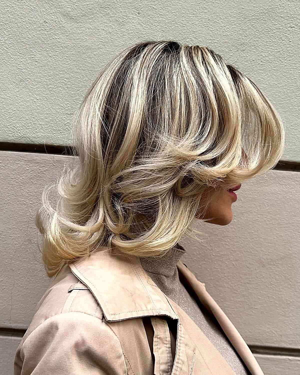 Shoulder-Length Feathered Butterfly Cut with Front Layers for Bright Blonde with Dark Roots