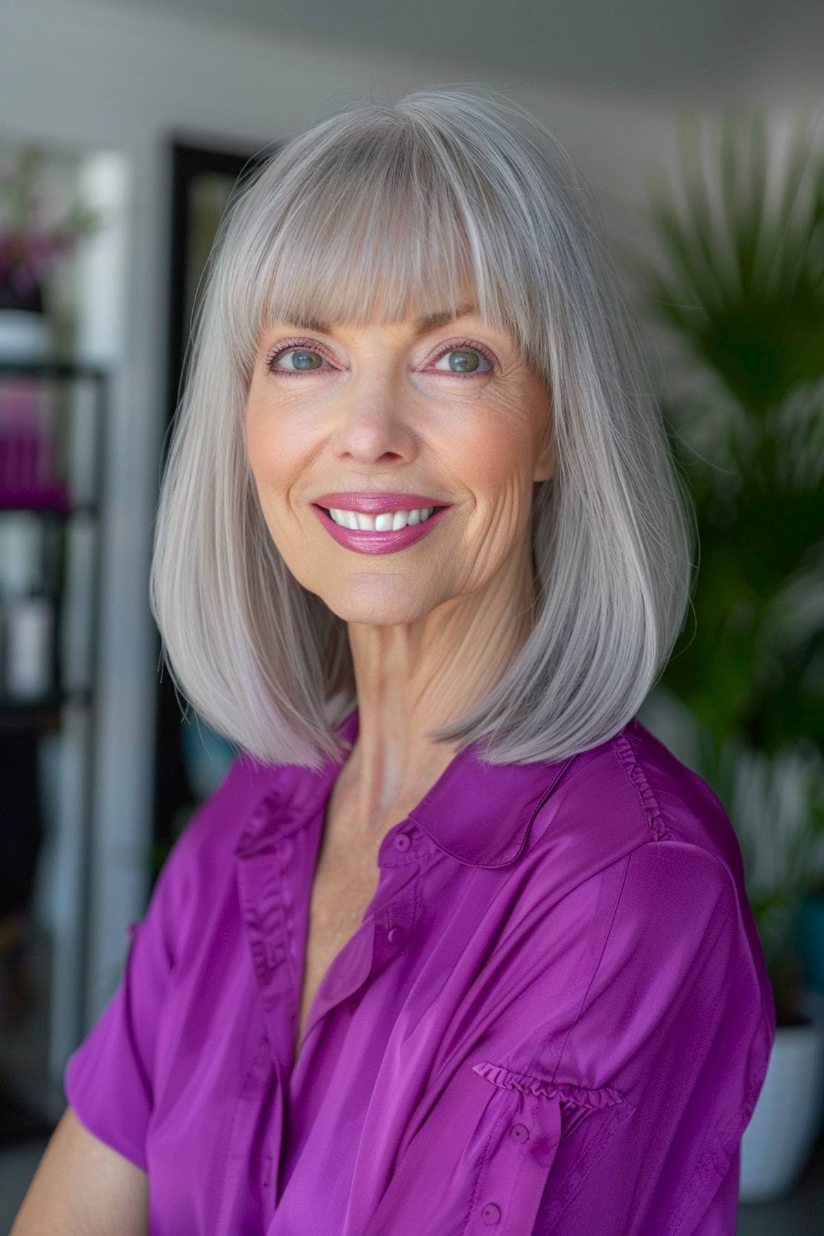 Shoulder-length grey hair with bangs older women