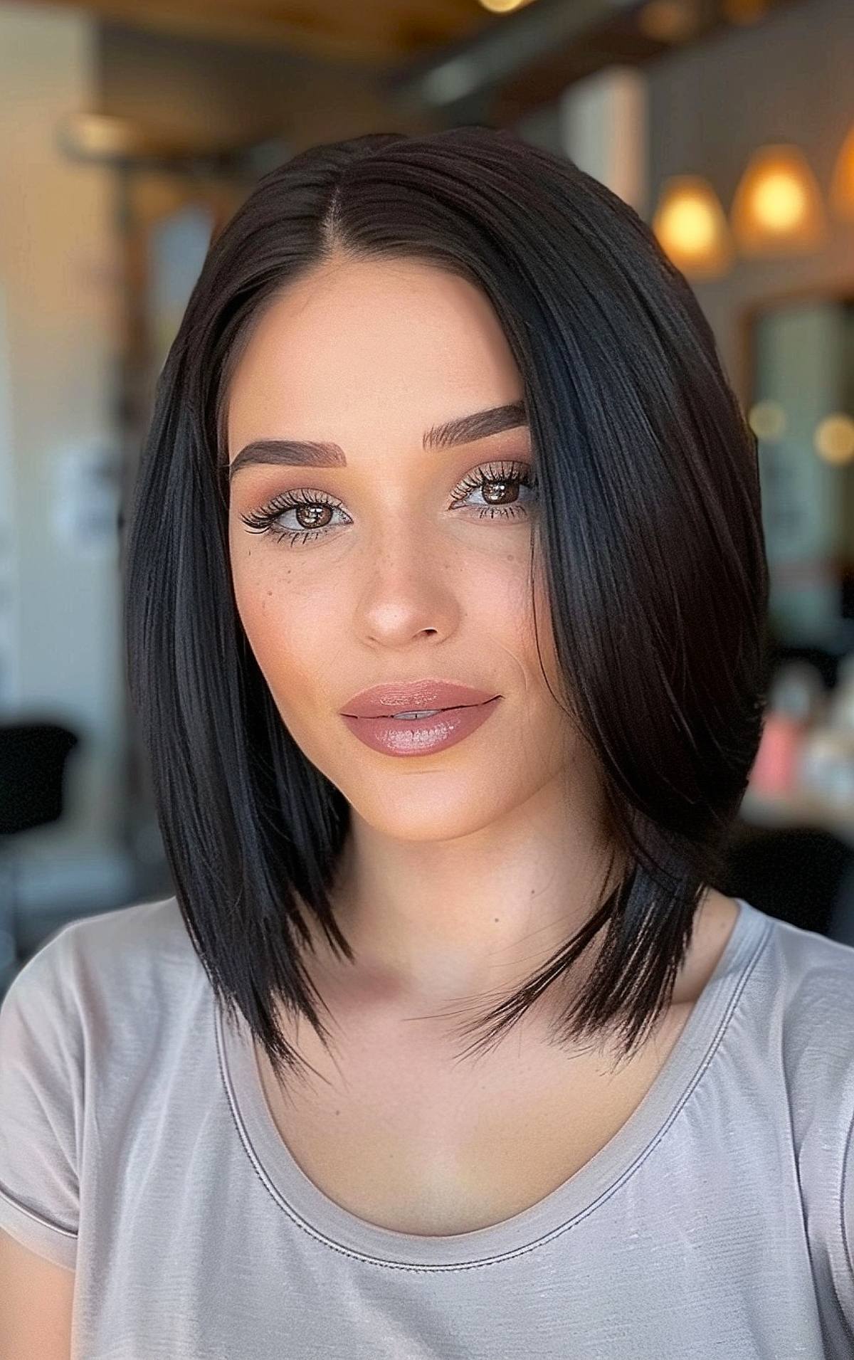 Black shoulder length haircut with angled cut for straight hair