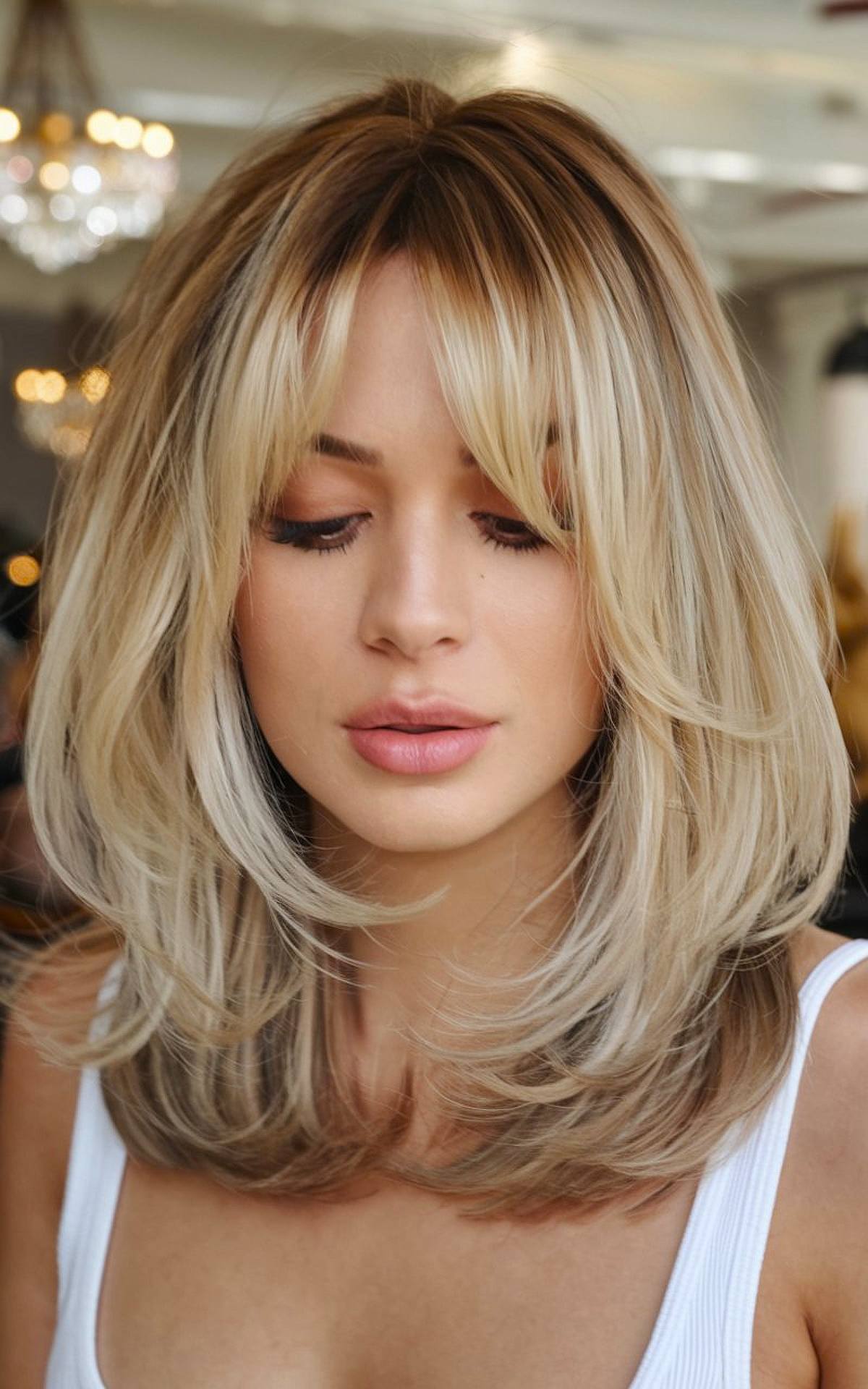 Shoulder length haircut with layers and curtain bangs for thick hair