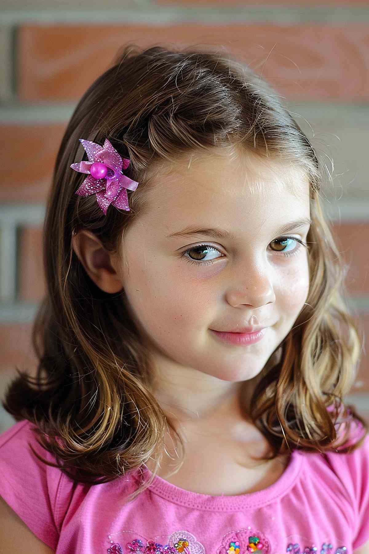 Young girl with shoulder-length hair and a sparkly pink clip