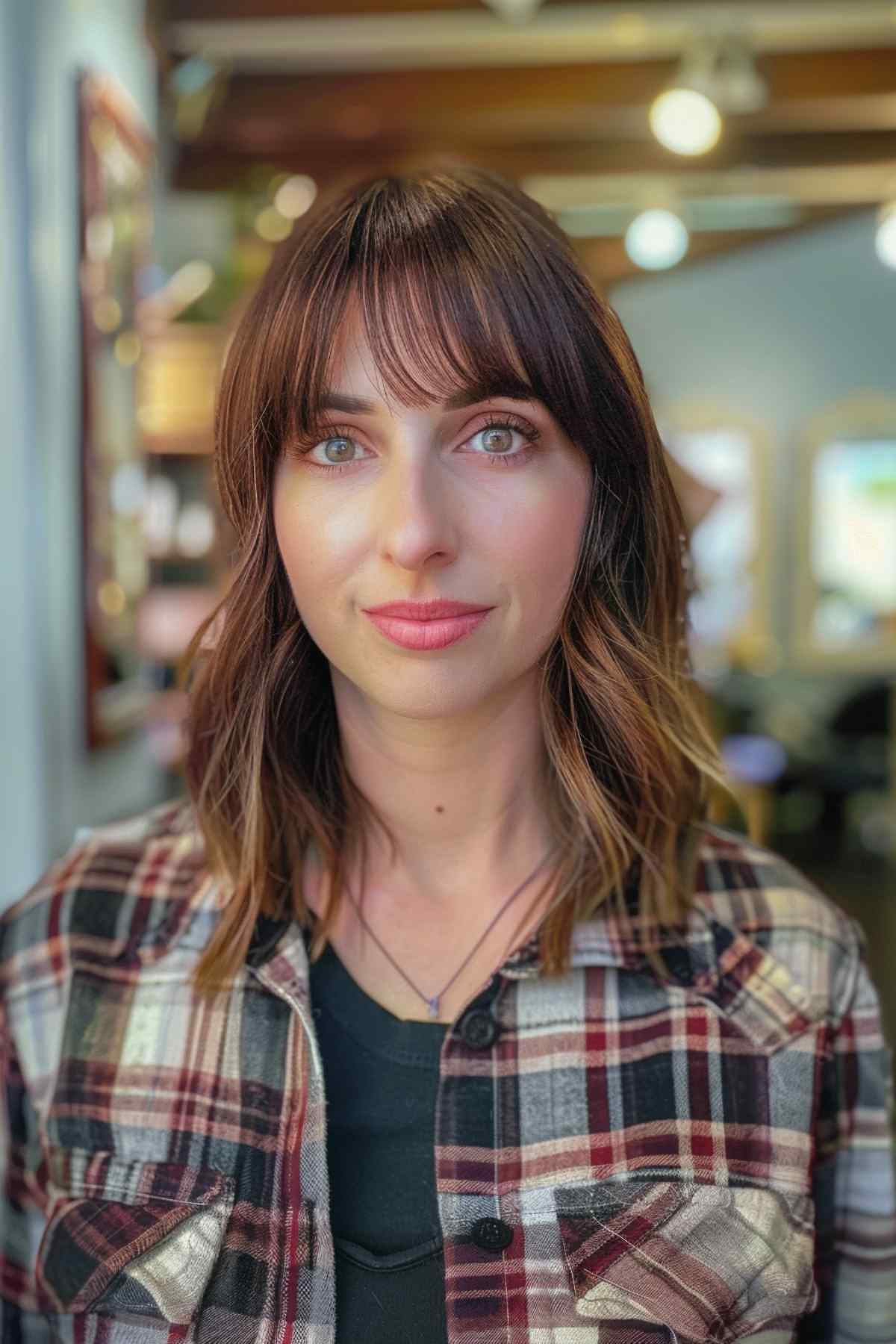 Shoulder-length straight hair with blunt bangs on a woman with fine to medium hair.
