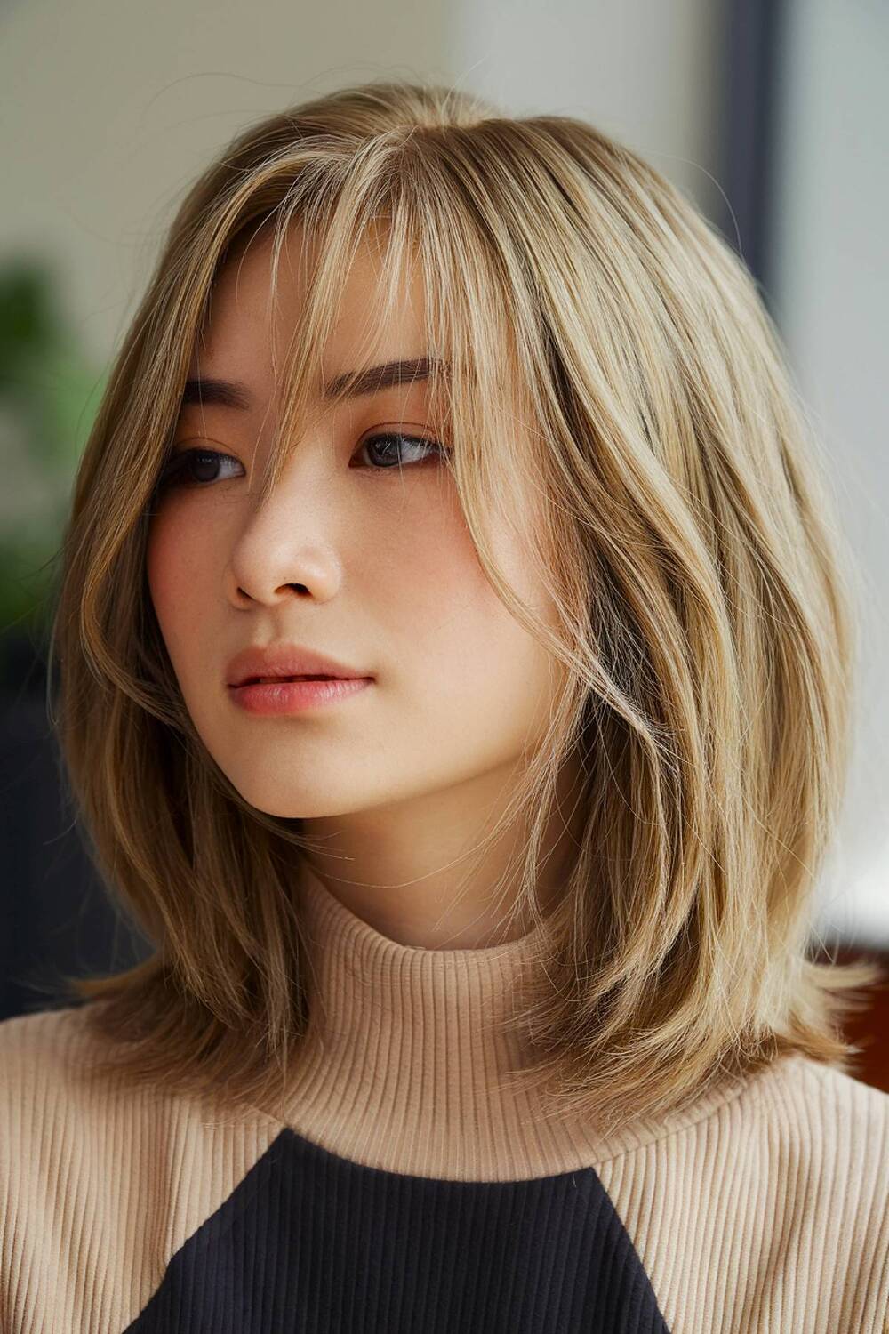  Shoulder-length cut with long, face-framing layers to enhance natural movement and volume