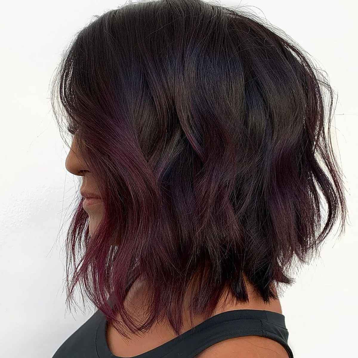 shoulder-length hair with purple dip dye