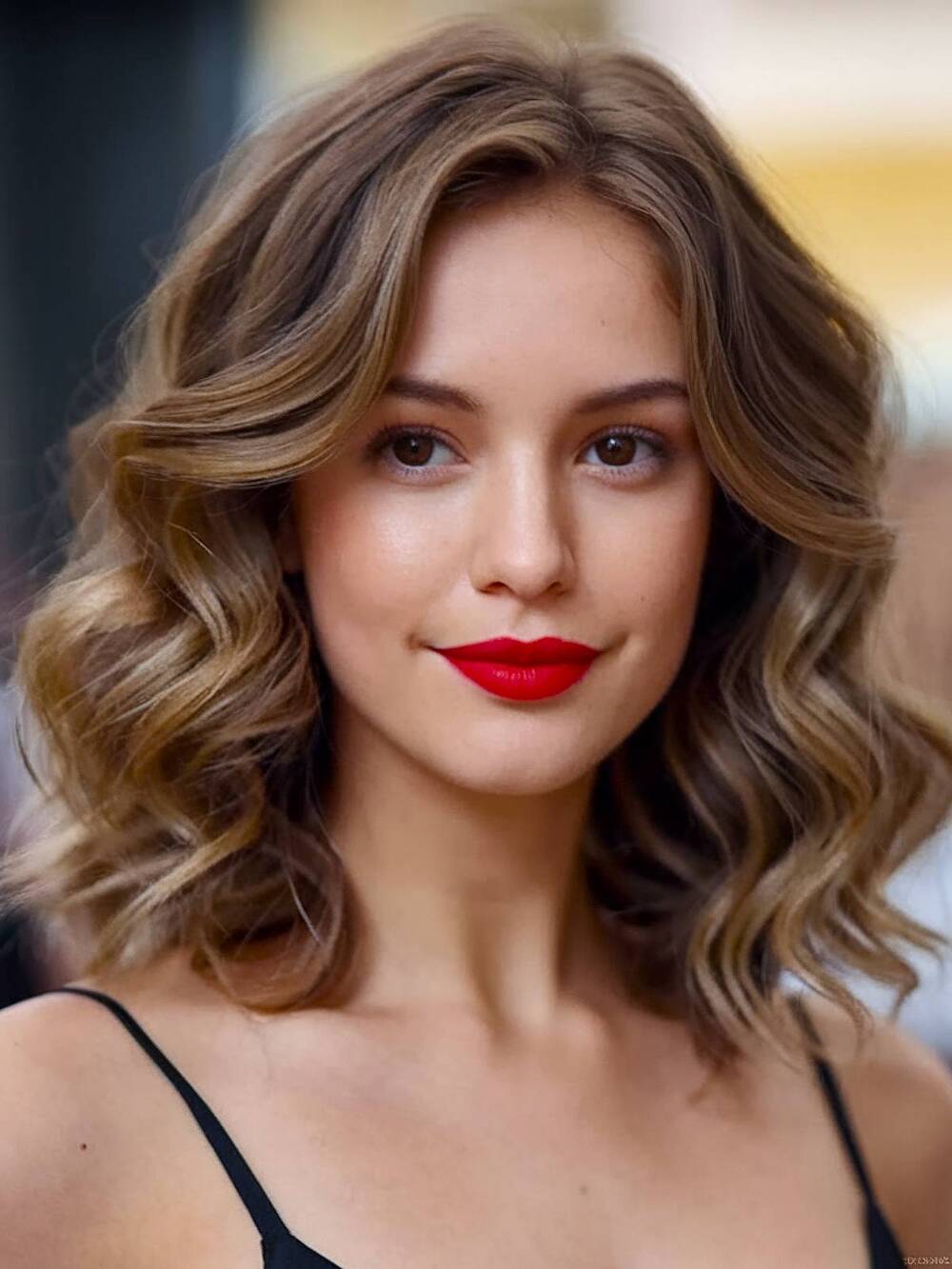 Shoulder-length hair styled with soft, loose curls for a romantic and elegant look