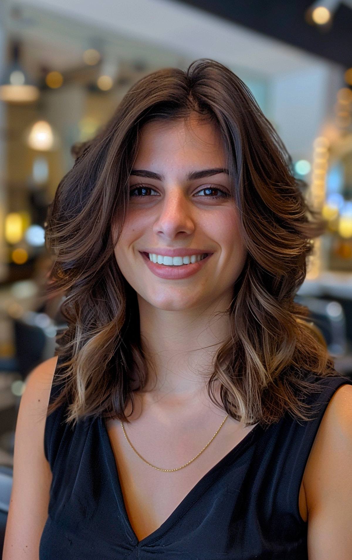 Shoulder-length layered haircut with volume and soft waves for medium to thick hair