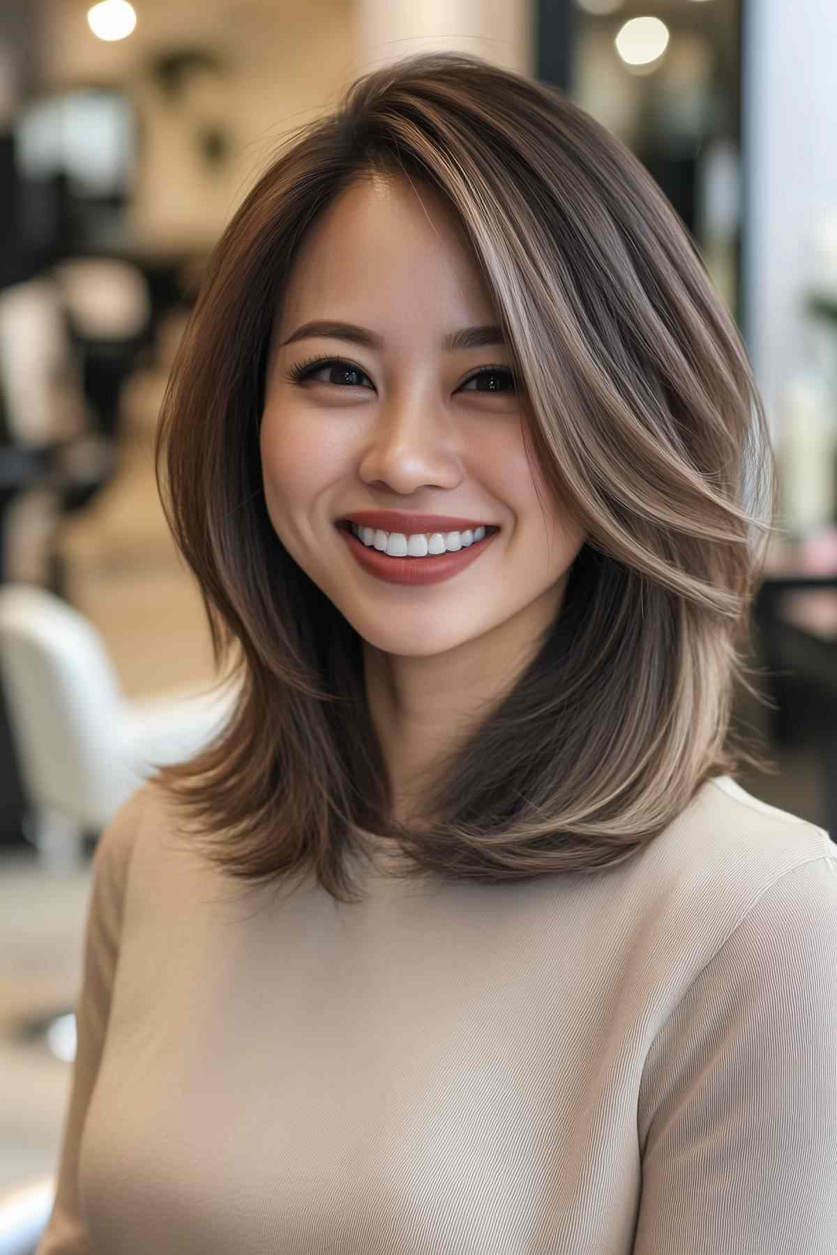 Shoulder length layered bob hairstyles with soft feathered layers and subtle highlights